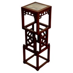 20th Century Chinese Square Carved Rosewood Pedestal Stand with Marble Top