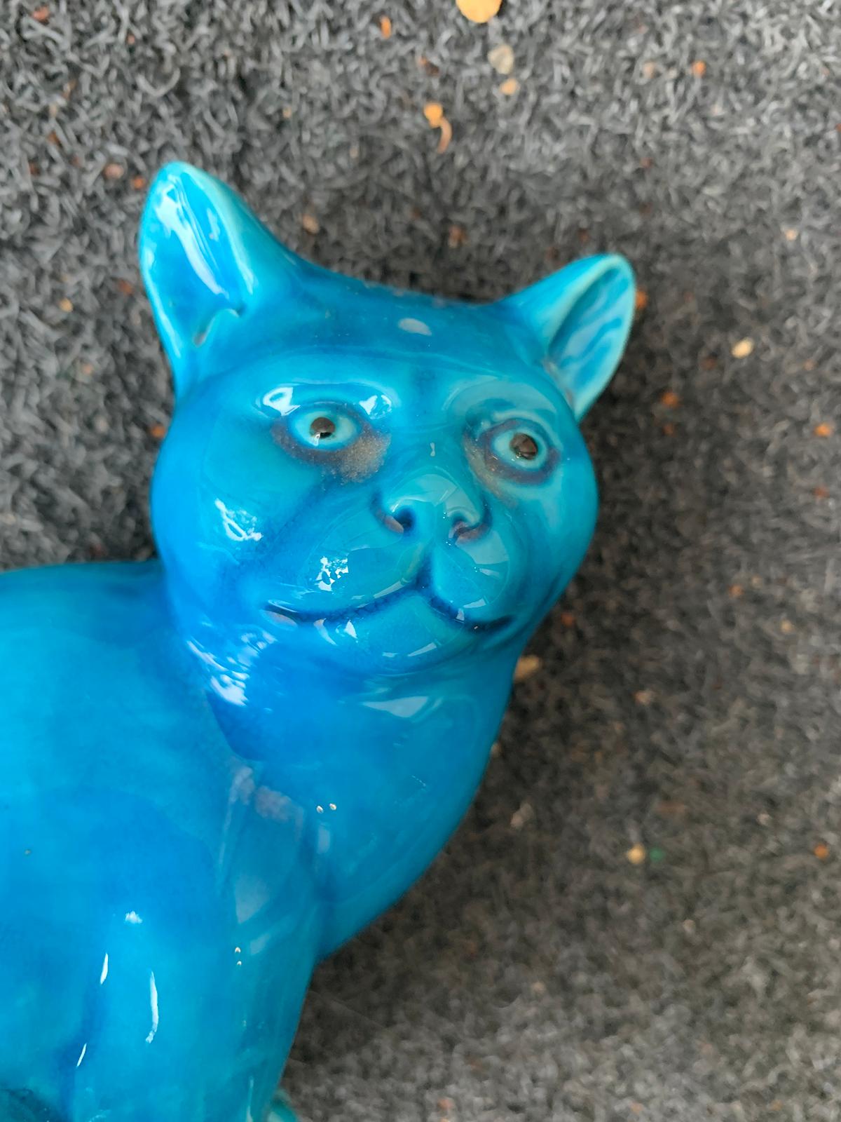 20th Century Chinese Turquoise Porcelain Recumbent Cat, Impressed Character Mark 5