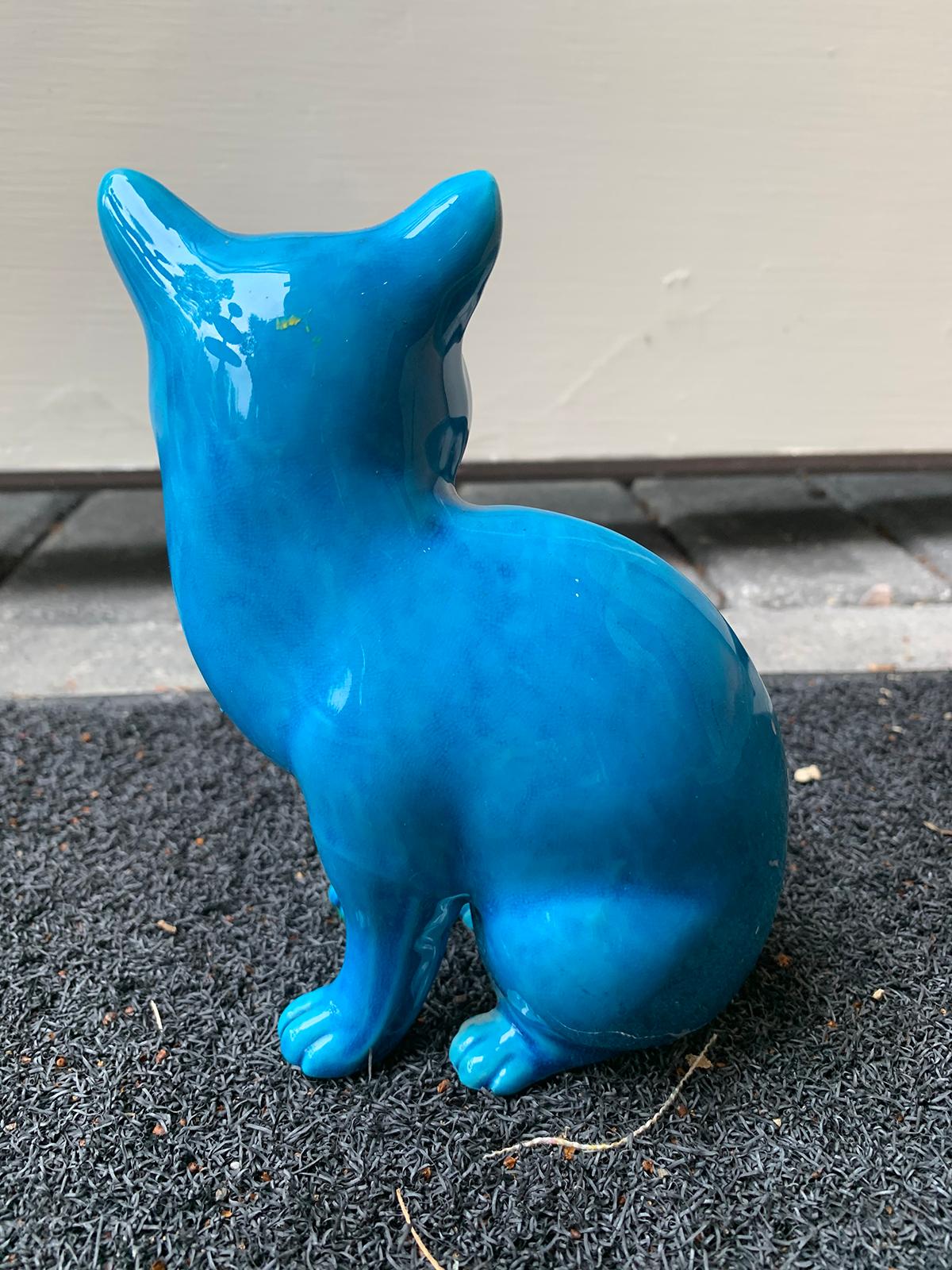 20th Century Chinese Turquoise Porcelain Recumbent Cat, Impressed Character Mark 3