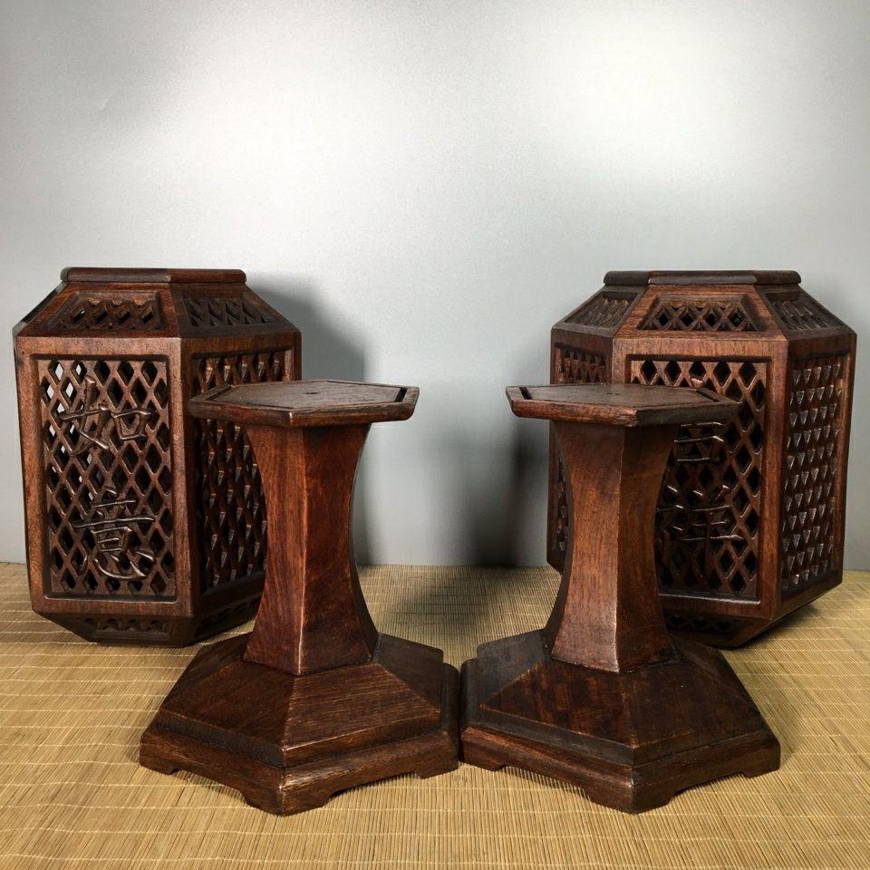 42.5cm Vintage Chinese Wood Carving Auspicious Palace Lanterns Pair In Fair Condition For Sale In 景德镇市, CN