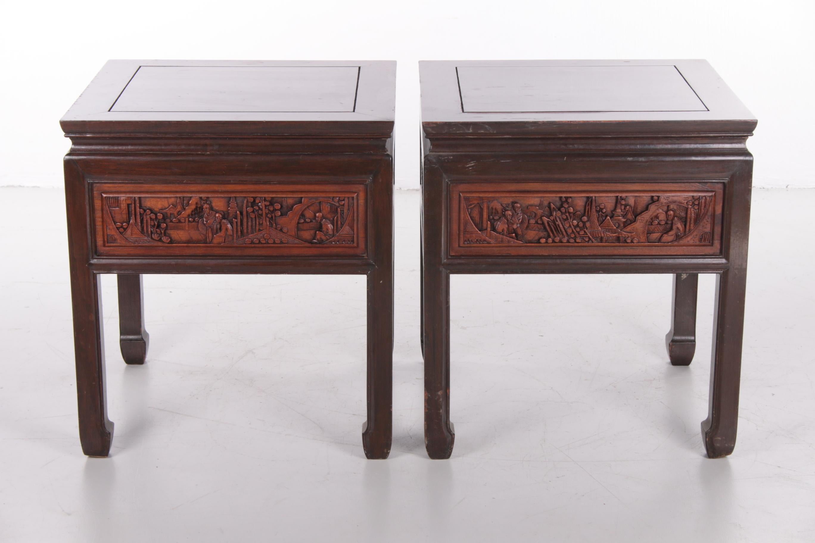 20th Century Chinese Wooden Bedside Tables with Beautiful Hand Carving 5