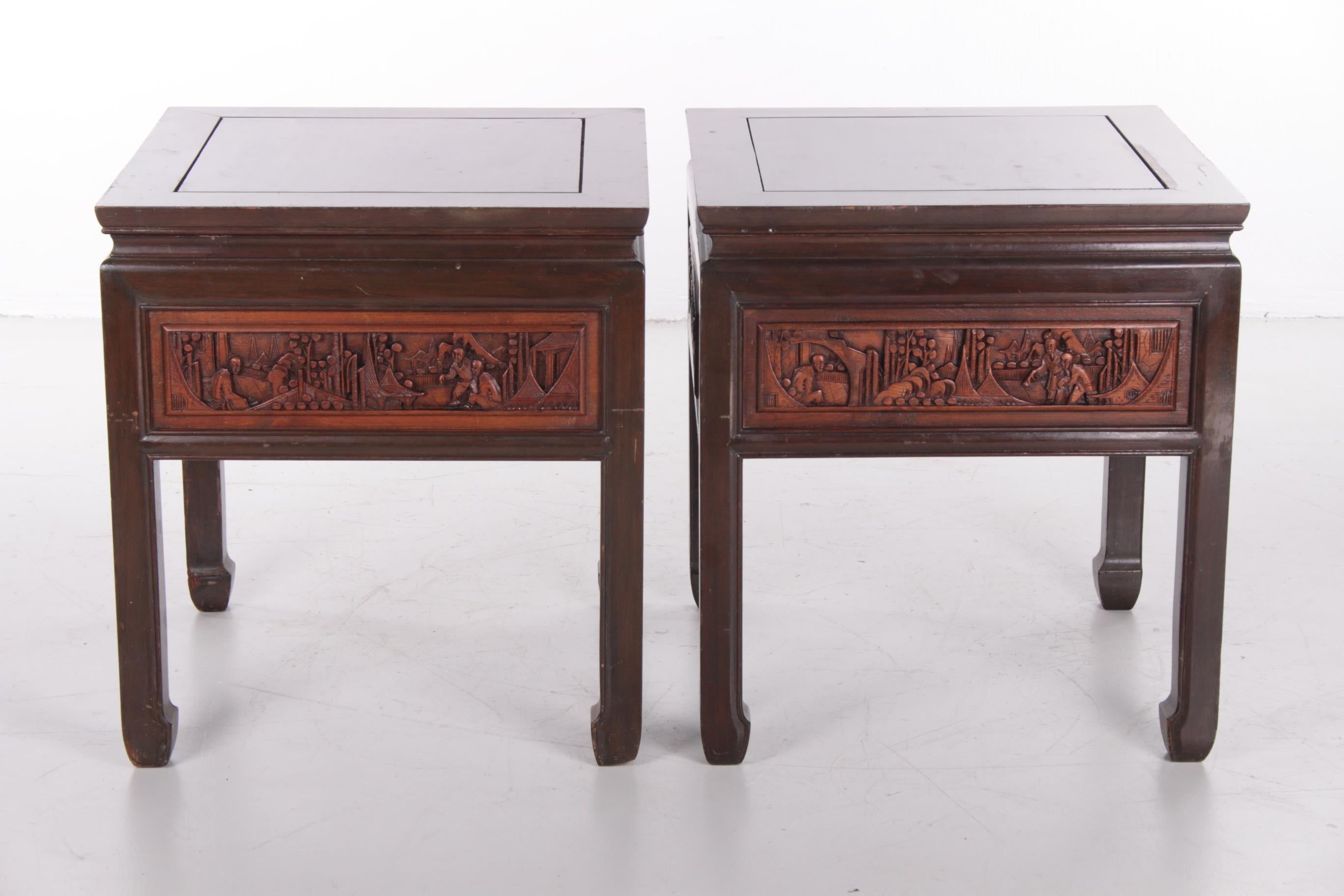 20th Century Chinese Wooden Bedside Tables with Beautiful Hand Carving 6