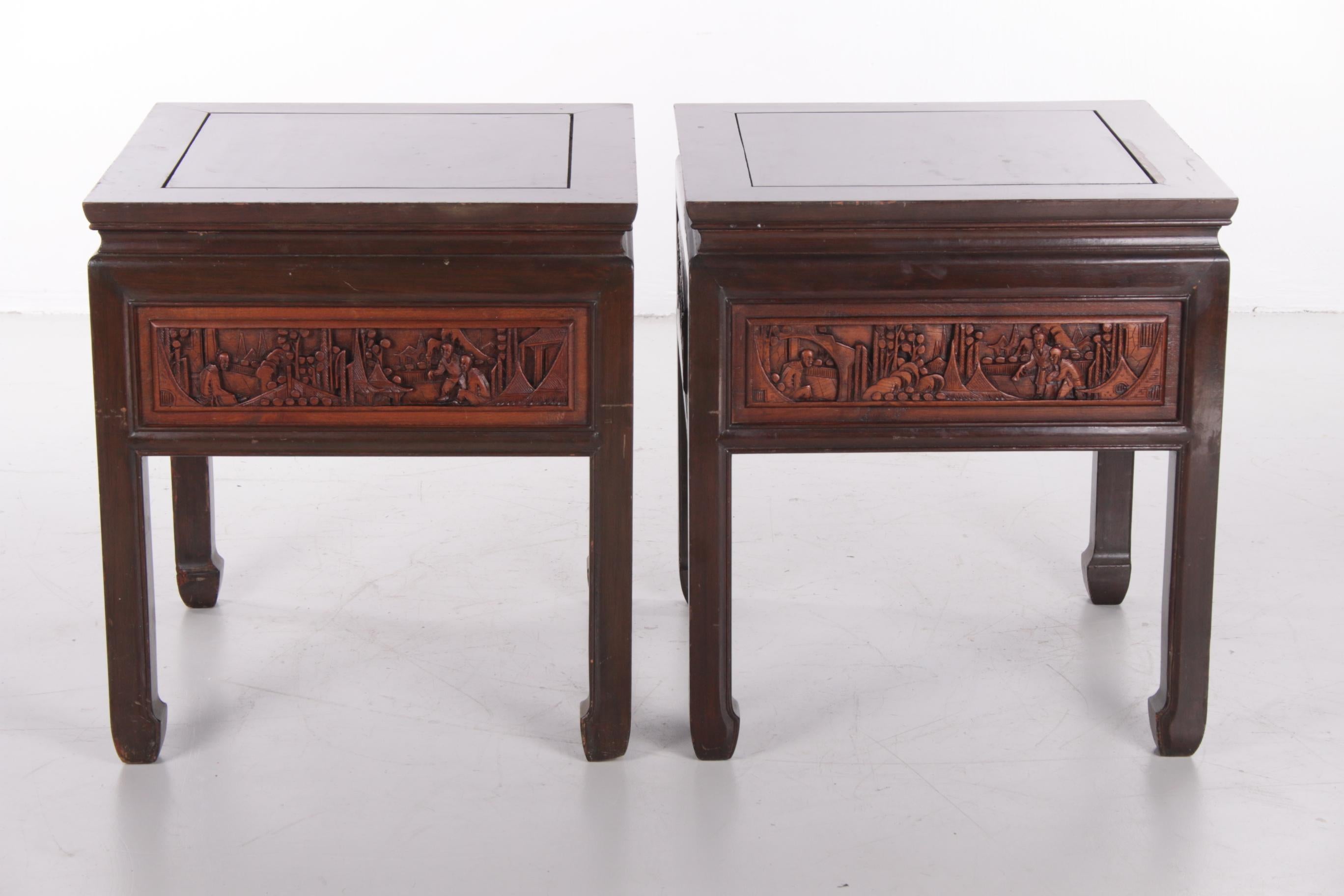 20th Century Chinese Wooden Bedside Tables with Beautiful Hand Carving 7