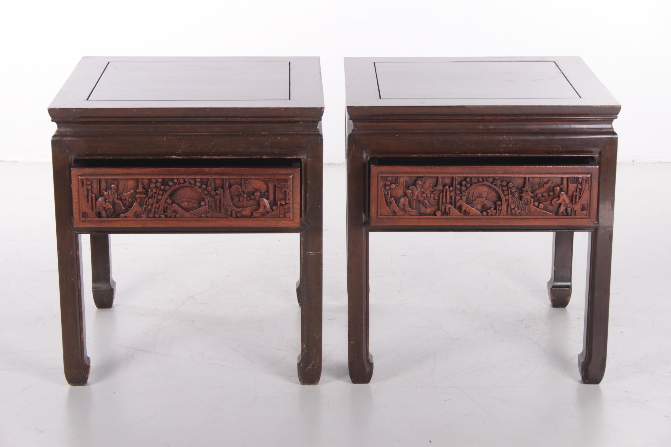 20th Century Chinese Wooden Bedside Tables with Beautiful Hand Carving 8