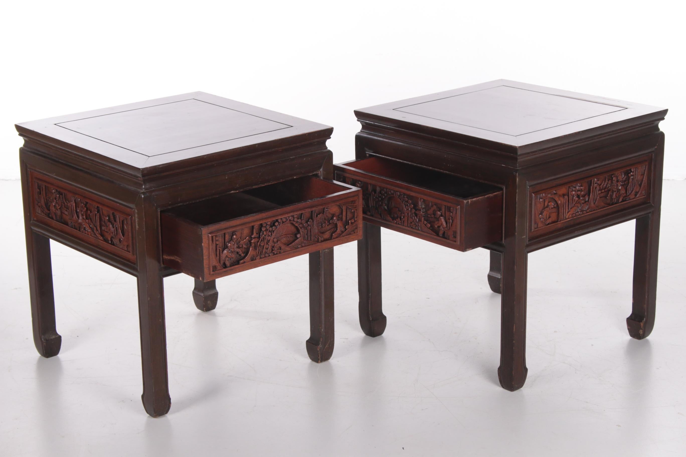 20th Century Chinese Wooden Bedside Tables with Beautiful Hand Carving 10