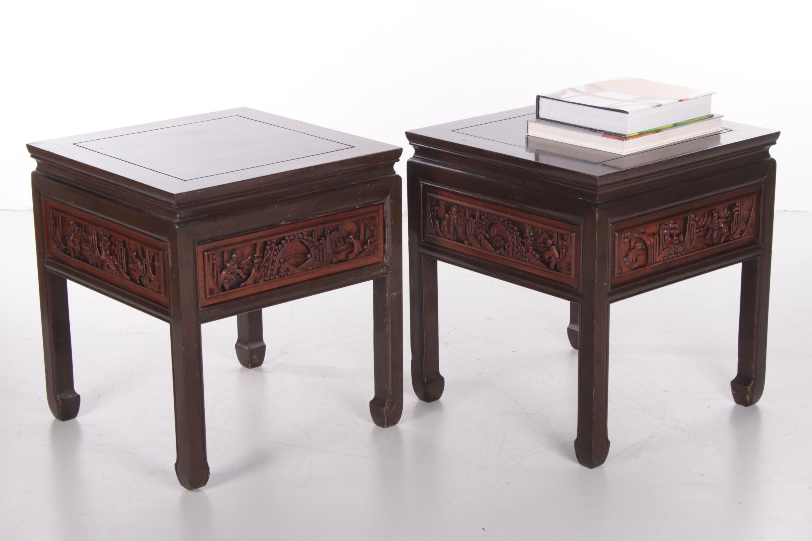 20th Century Chinese Wooden Bedside Tables with Beautiful Hand Carving 12