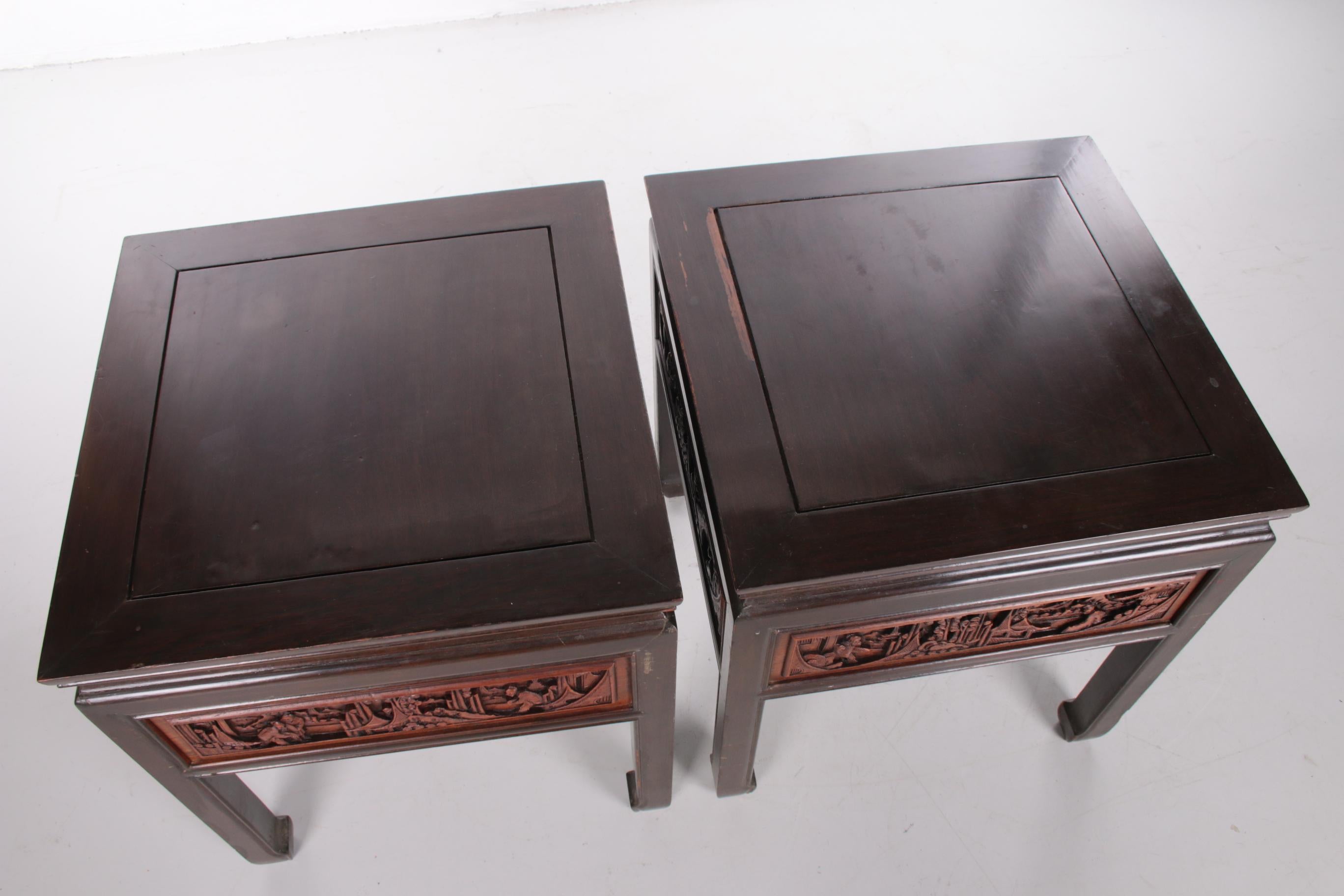 20th Century Chinese Wooden Bedside Tables with Beautiful Hand Carving 3