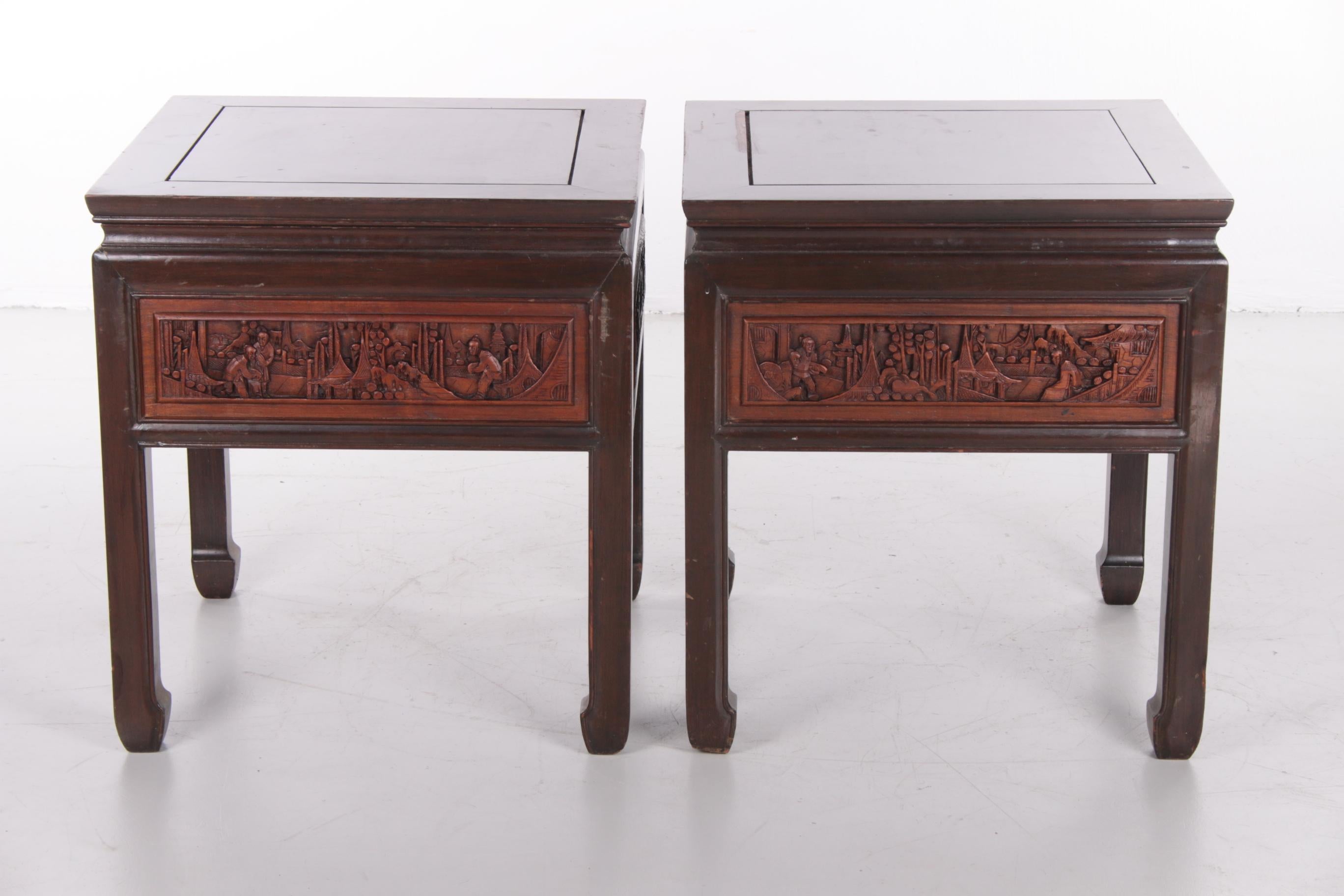 20th Century Chinese Wooden Bedside Tables with Beautiful Hand Carving 4