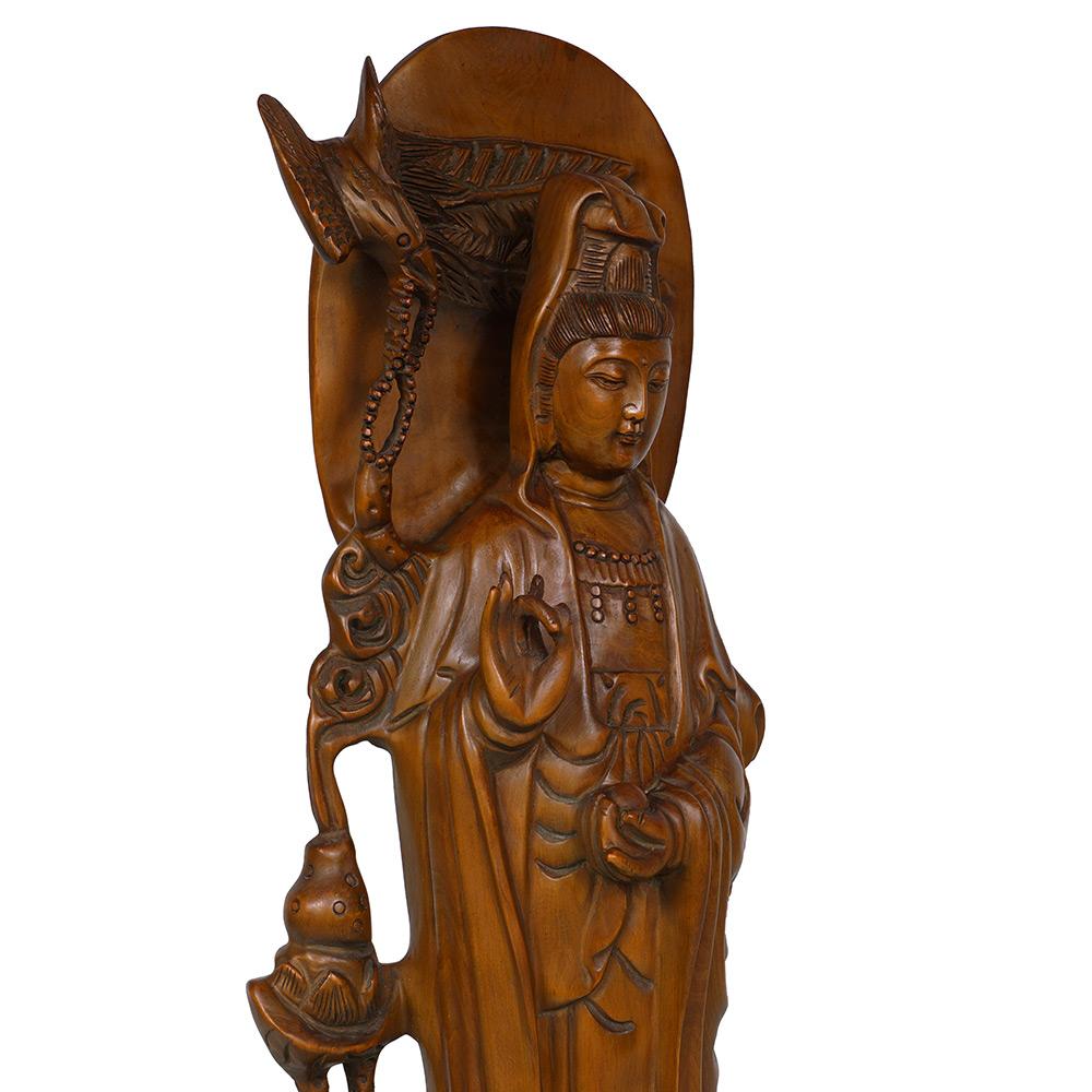 Boxwood 20th Century Chinese Wooden Carved Guan Yin Statuary For Sale