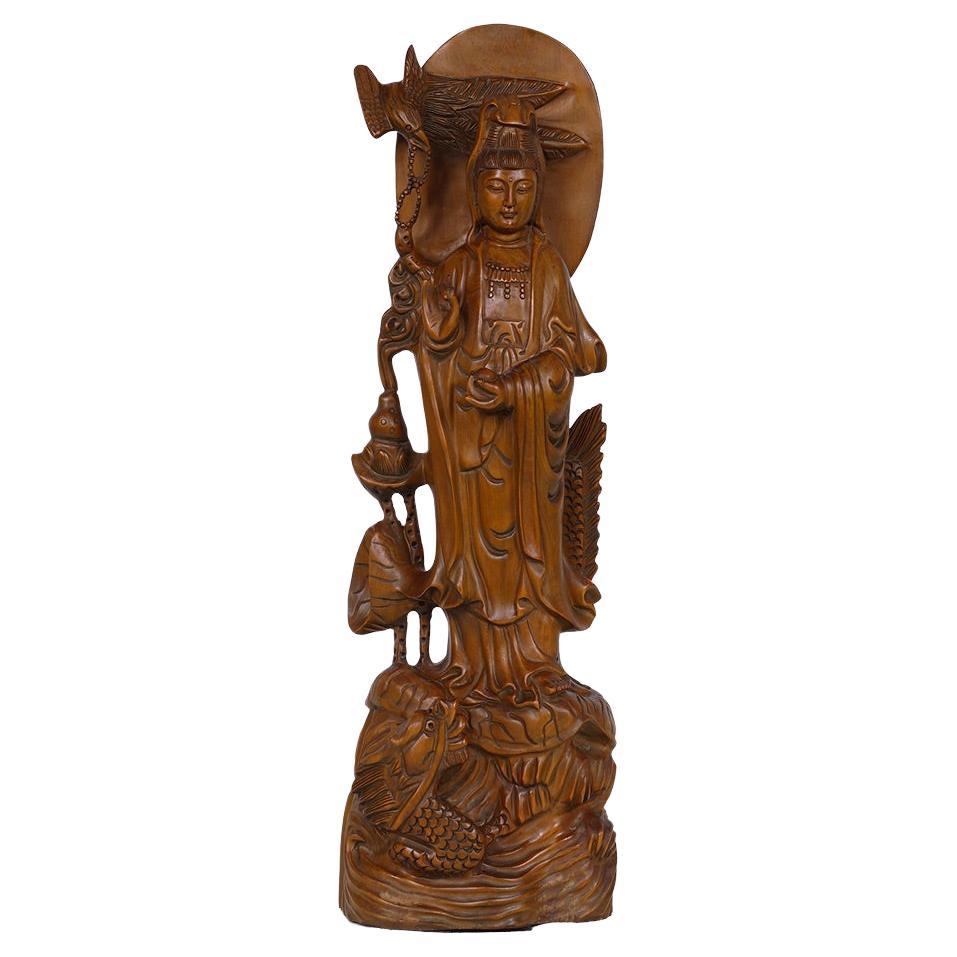 20th Century Chinese Wooden Carved Guan Yin Statuary For Sale