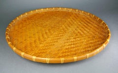 20th Century Chinese Woven Bamboo 24" Herb Drying Winnowing Basket Tray