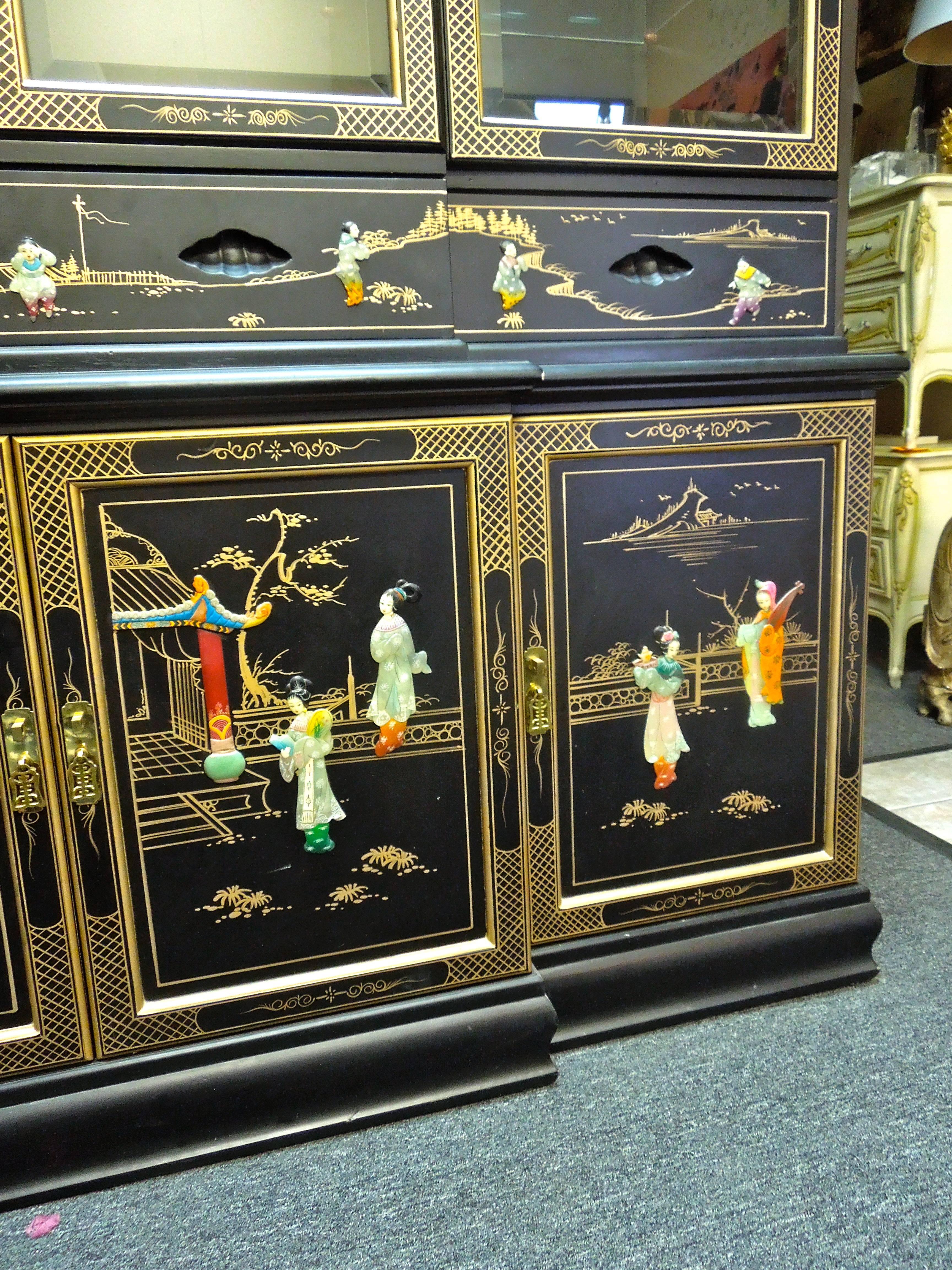A very rare and beautiful buffet cabinet in the pagoda top chinoiserie design. The piece comes apart in three pieces. Pagoda can house lights inside as it is already wired, but no lights. From a very upscale Palm Springs Estate done with chinoiserie