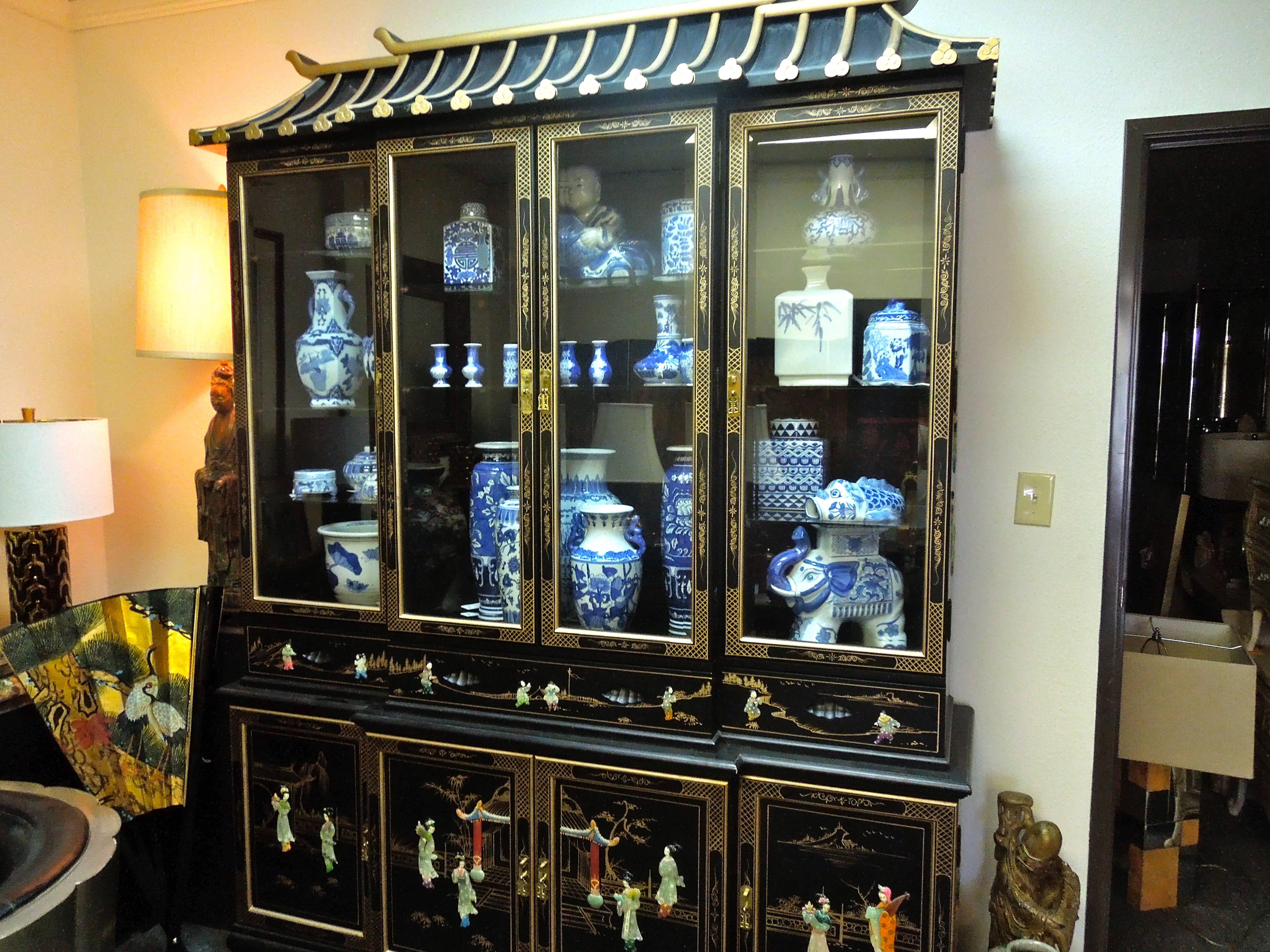 Chinese 20th Century Chinoiserie Pagoda Glass Front Cabinet Beverly Hills