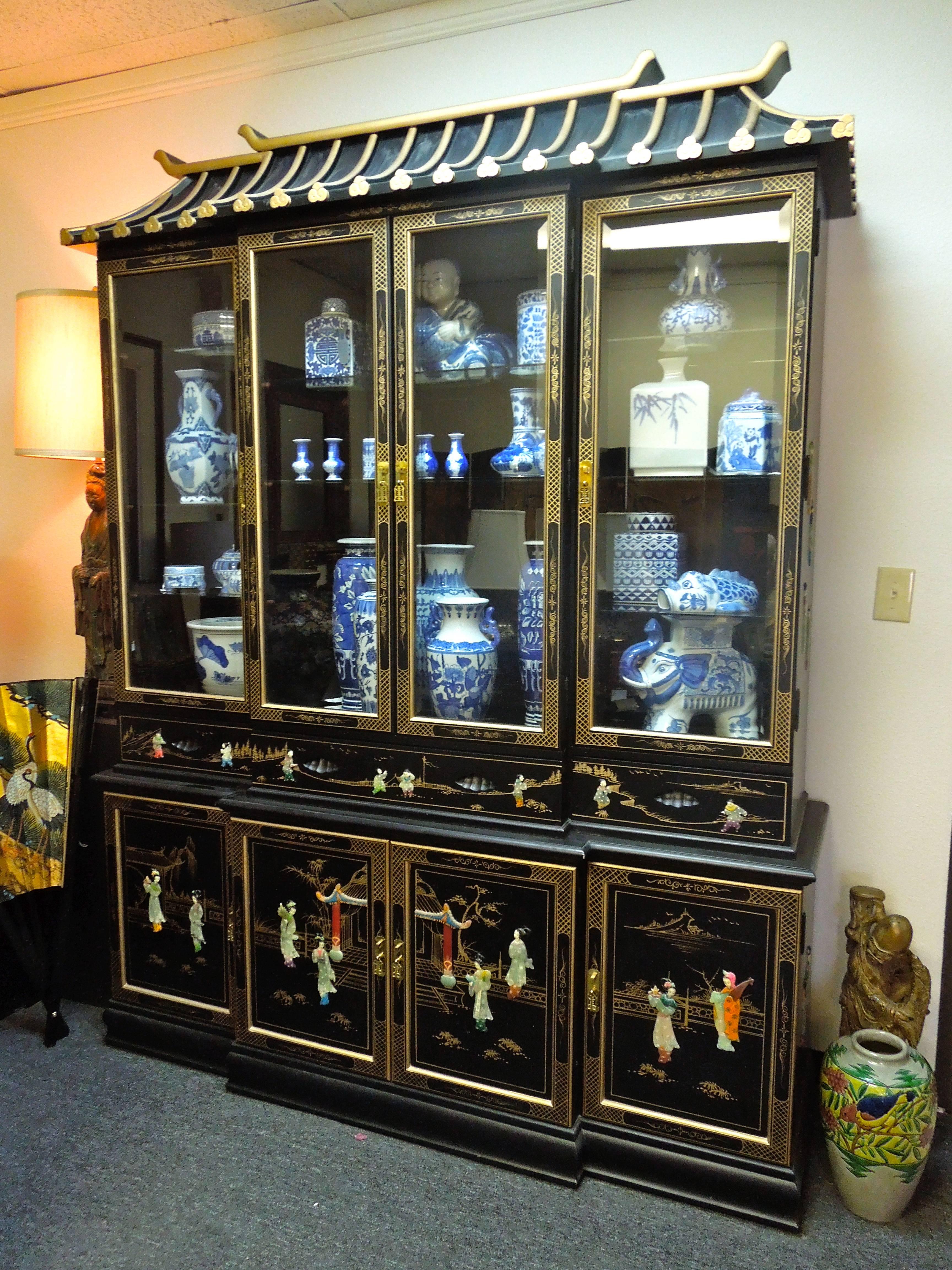 Other 20th Century Chinoiserie Pagoda Glass Front Cabinet Beverly Hills