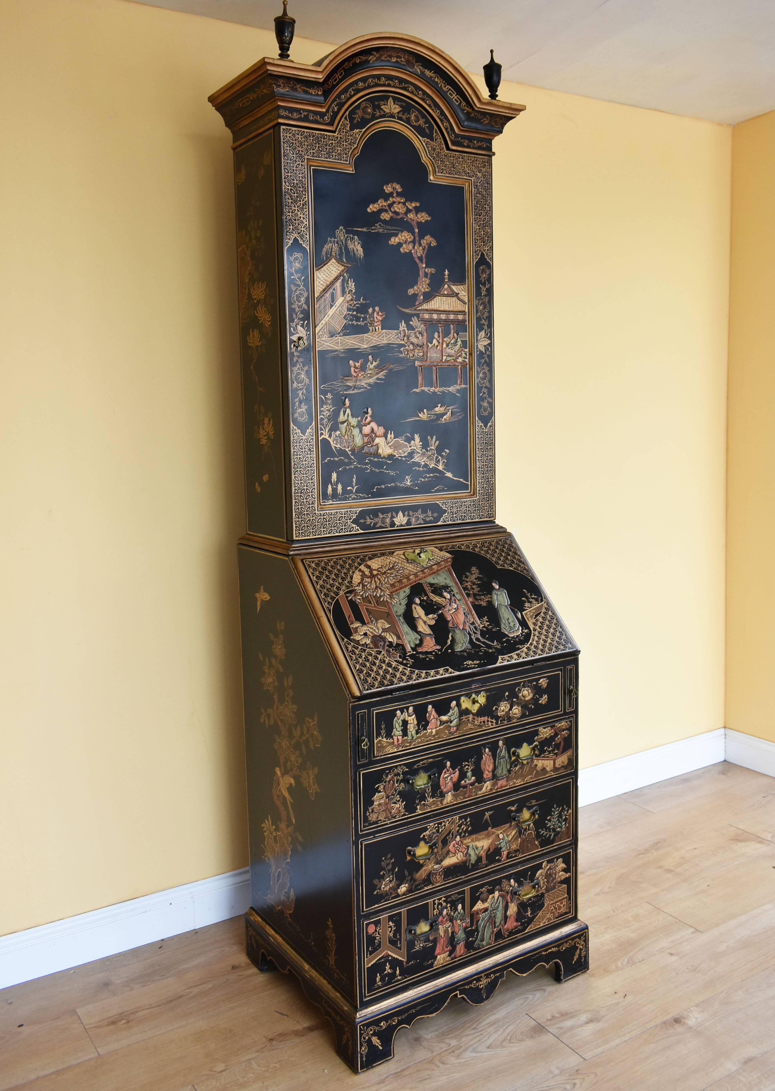 For sale is a good quality chinoiserie 20th century Bureau bookcase in good condition with detailed chinoiserie to the top section, sides, front and interior, when the fall is opened reveals drawers and a centre cupboard. Below the top has four