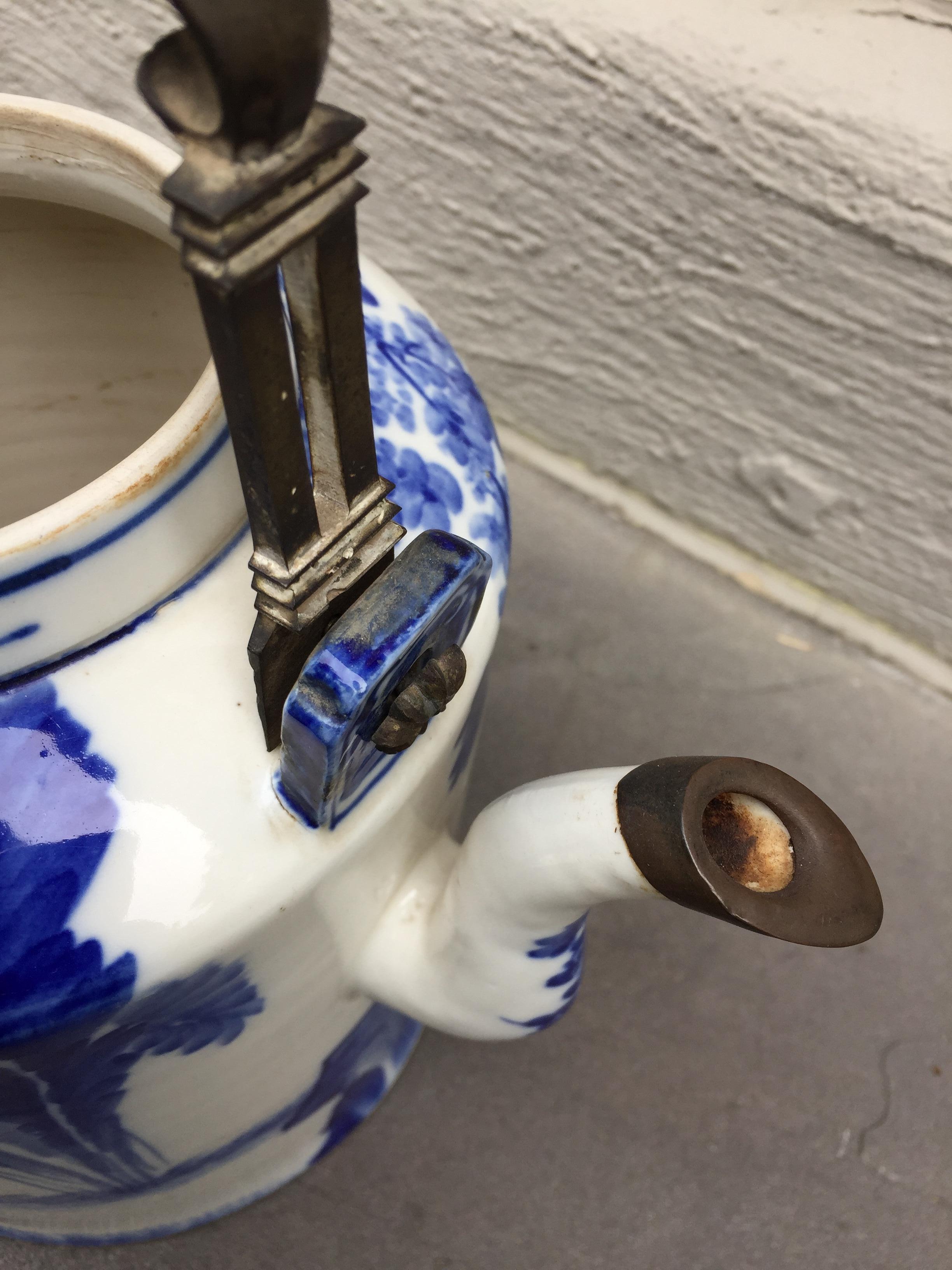 Ceramic Chinoiserie 20th Century  teapot Brass Handle and Brass Trim For Sale