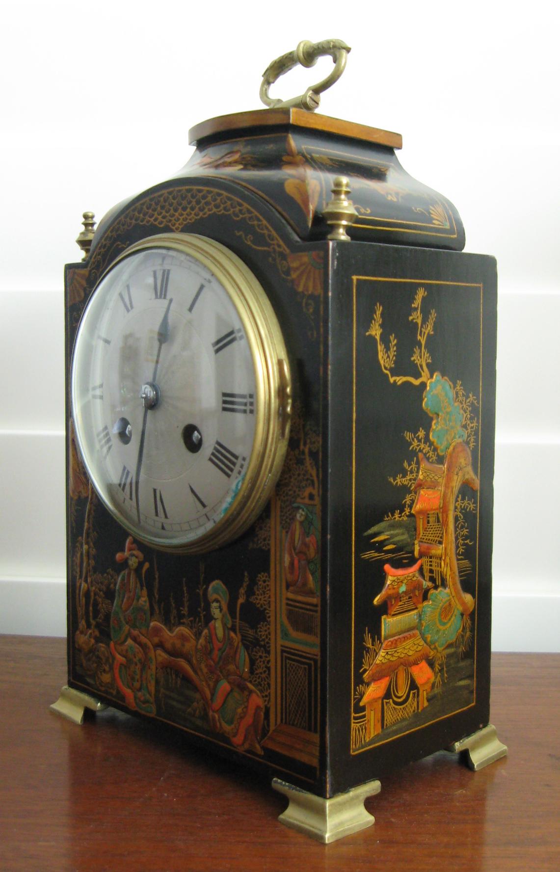 Hand-Painted 20th Century Chinoiserie Two Train Mantel Clock with French Movement Wood Brass