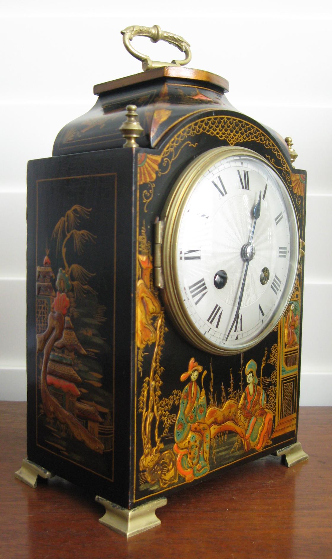 20th Century Chinoiserie Two Train Mantel Clock with French Movement Wood Brass In Good Condition In Melbourne, Victoria