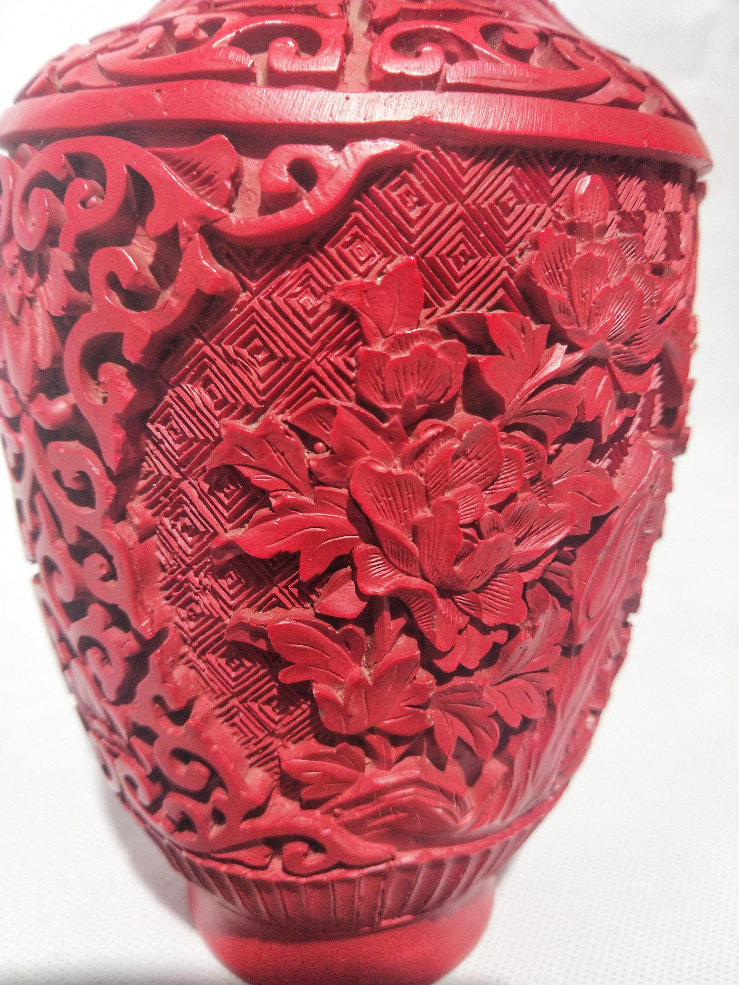 Carved Early 20th Century Chinoiserie Style Cinnabar on Brass Vase For Sale