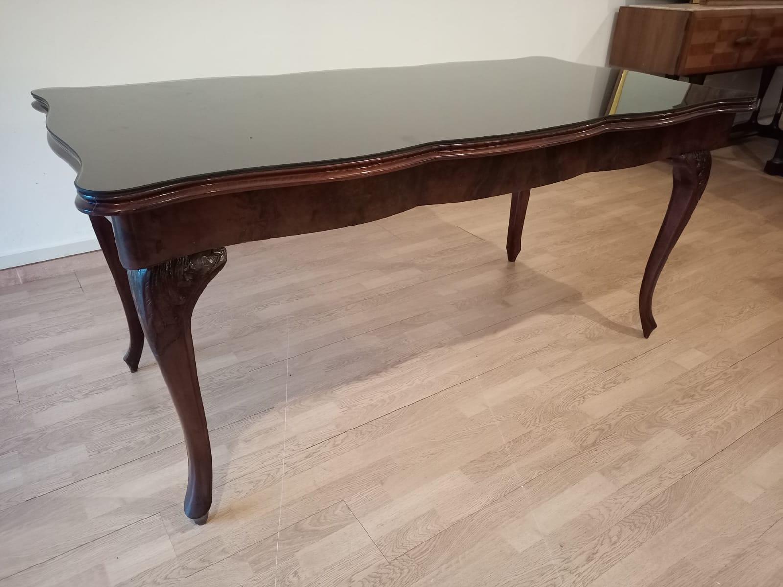 Italian 20th Century Chippendale Table Smoked Tempered Glass Walnut Top For Sale