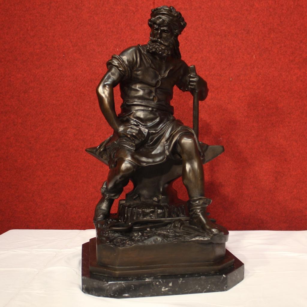 20th Century Chiseled Bronze Marble Base Italian Signed Blacksmith Sculpture For Sale 6
