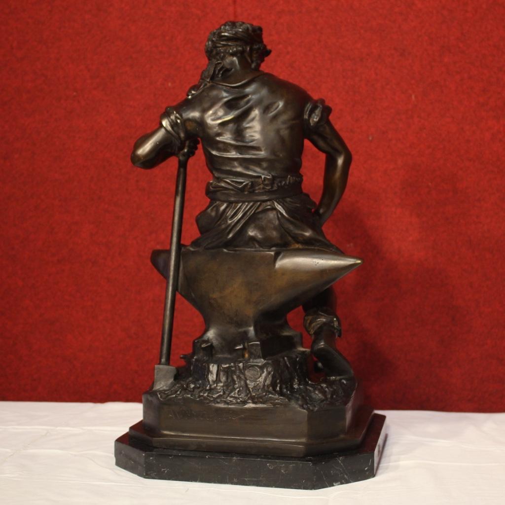 20th Century Chiseled Bronze Marble Base Italian Signed Blacksmith Sculpture In Good Condition For Sale In Vicoforte, Piedmont