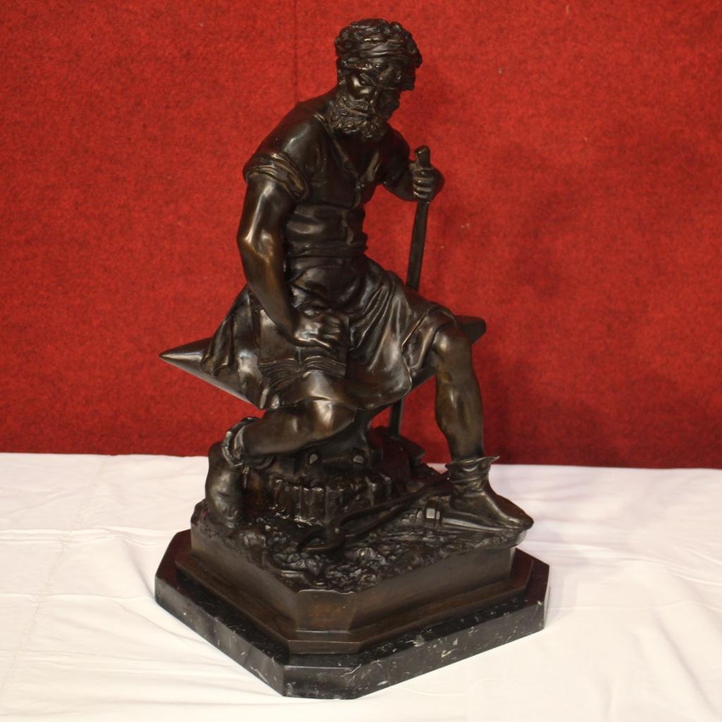 20th Century Chiseled Bronze Marble Base Italian Signed Blacksmith Sculpture For Sale 4