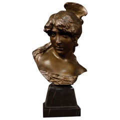 20th Century Chiselled Bronze French Girl's Face Sculpture, 1960