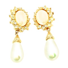 20th Century Christian Dior Pair Of Gold Faux Pearl & Austrian Crystal Earrings