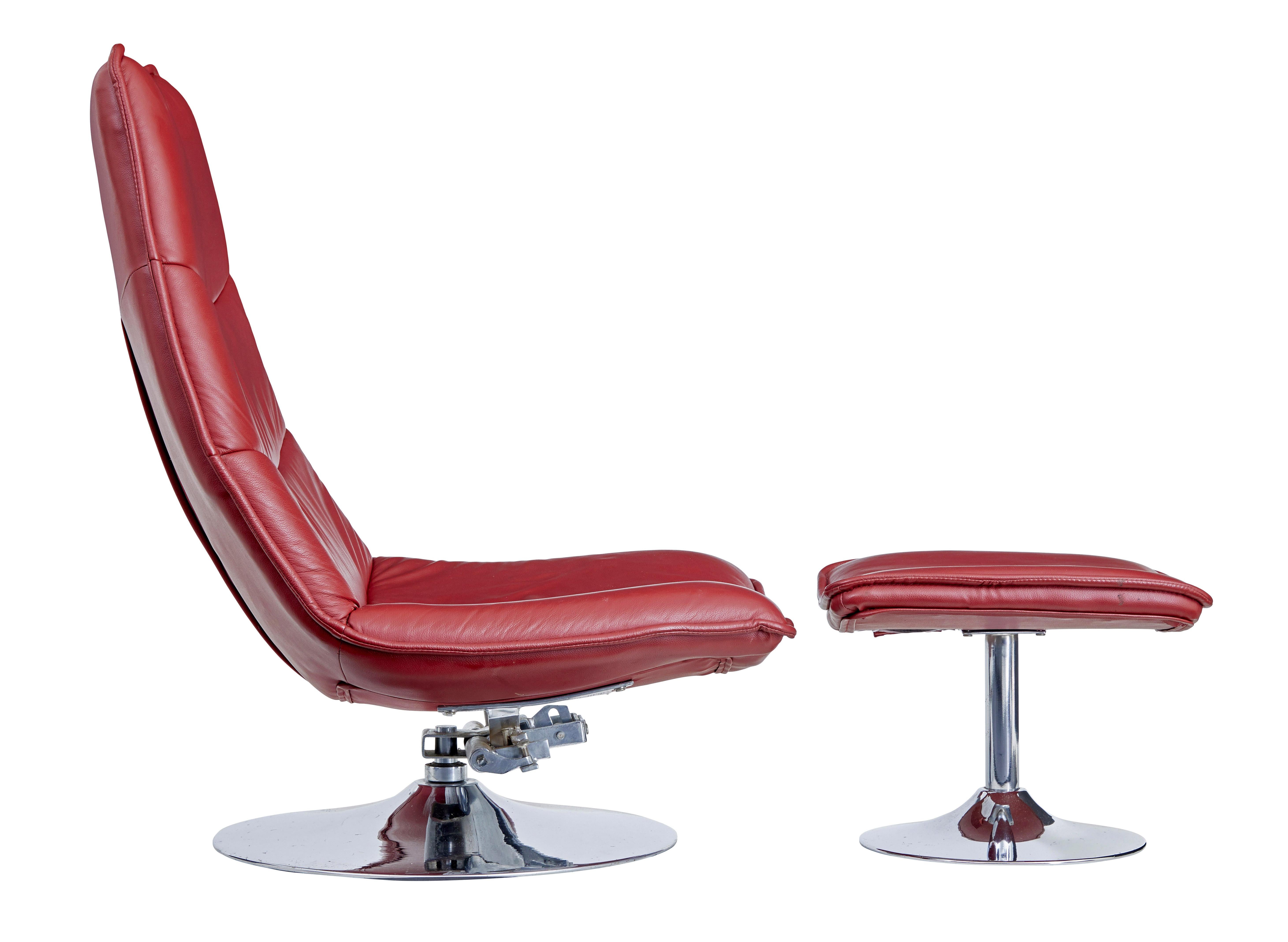 20th century chrome and leather chair with stool circa 1980.

Good quality lounging chair with matching stool for when you need to put your feet up, very comfortable deep and wide seat.

Chair fitted with a reclining mechanism which is a beautiful