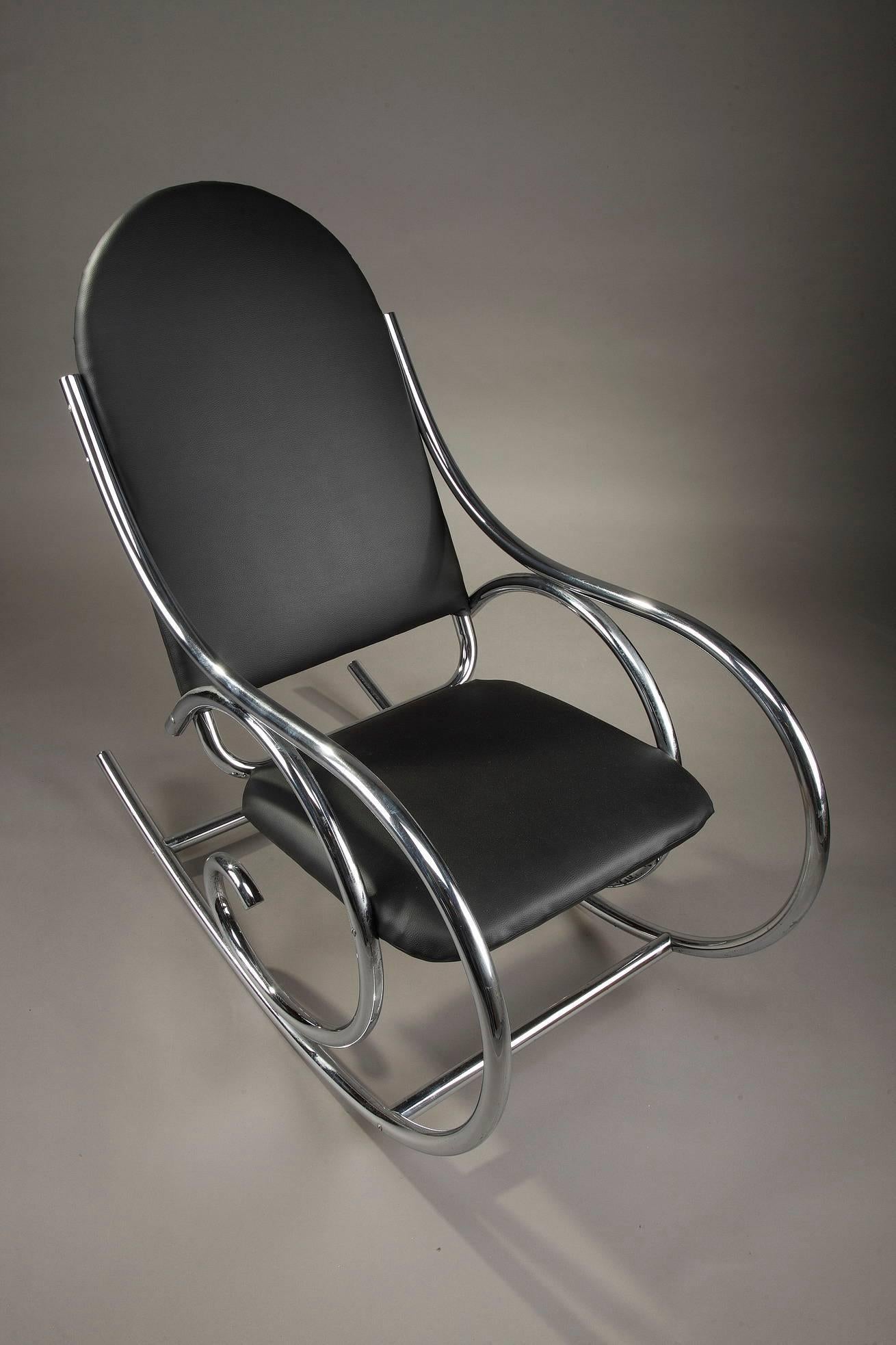 20th Century Chrome and Leatherette Rocking Chair in Thonet Style 4