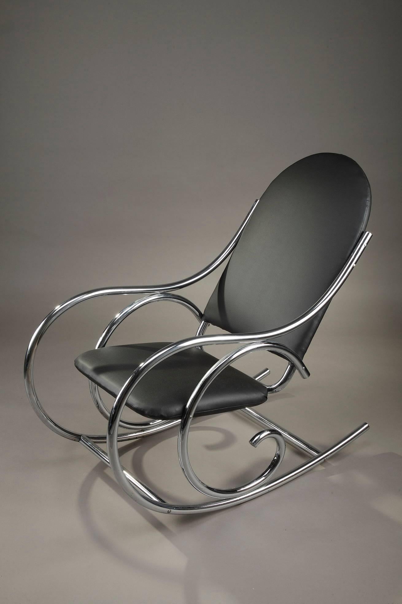 Mid-Century Modern 20th Century Chrome and Leatherette Rocking Chair in Thonet Style