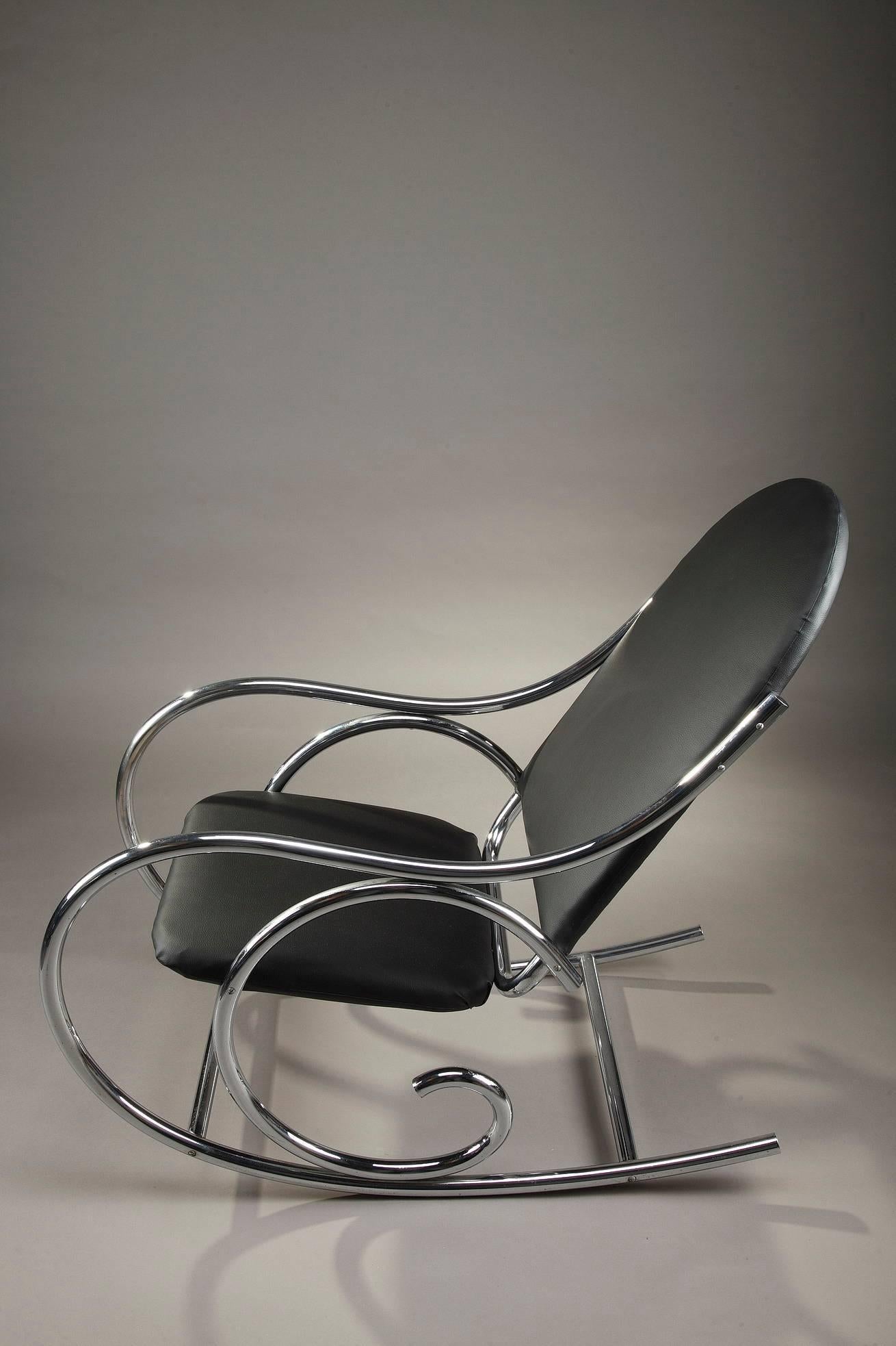 French 20th Century Chrome and Leatherette Rocking Chair in Thonet Style