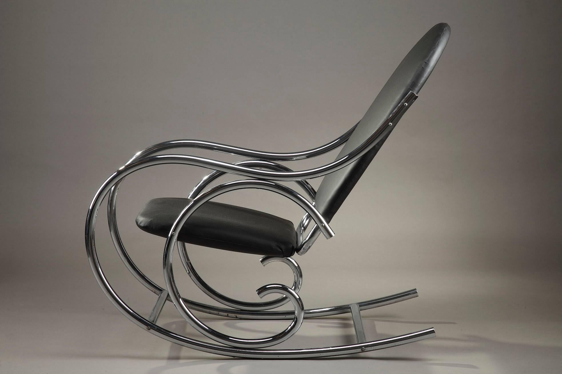 Metal 20th Century Chrome and Leatherette Rocking Chair in Thonet Style