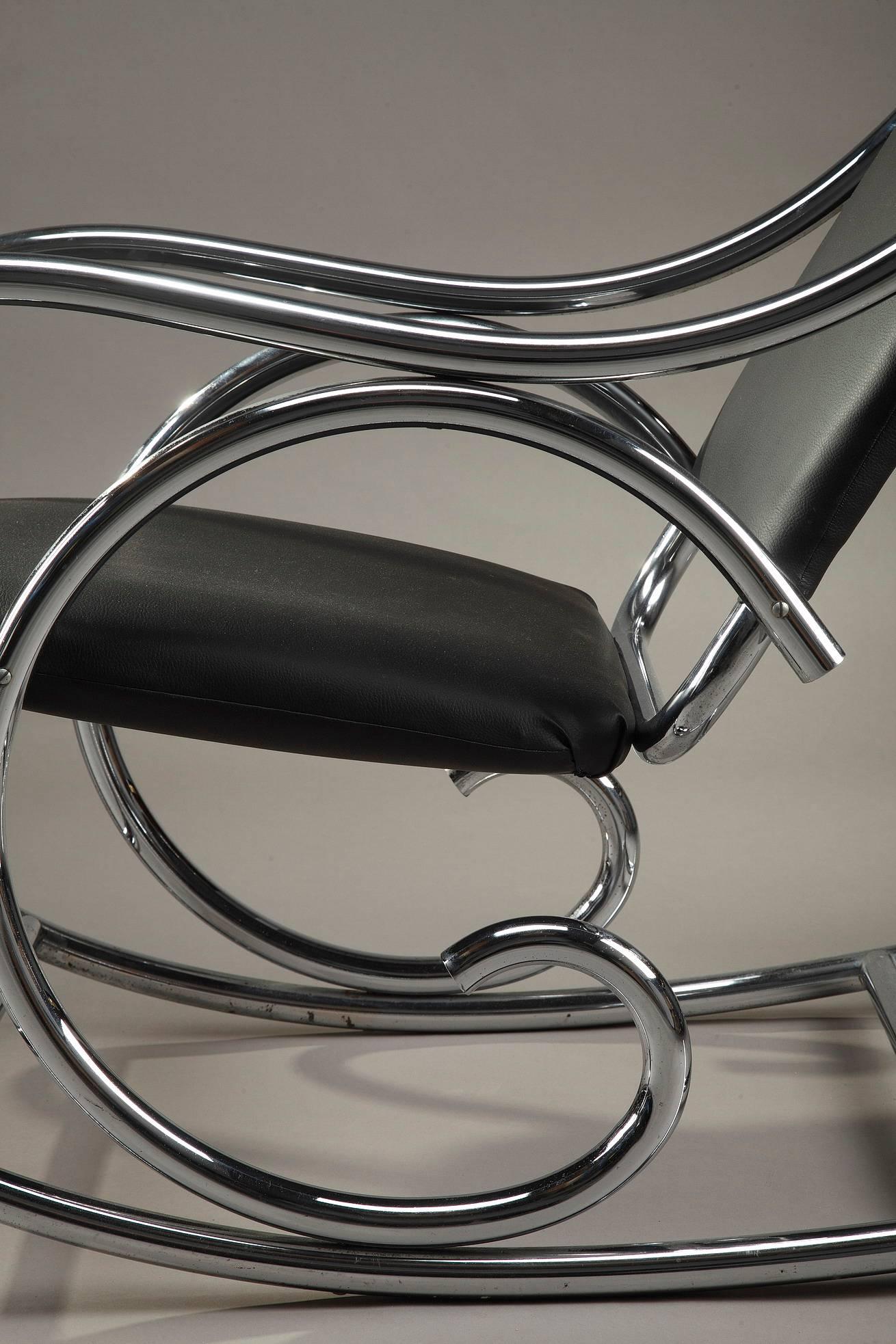 20th Century Chrome and Leatherette Rocking Chair in Thonet Style 1