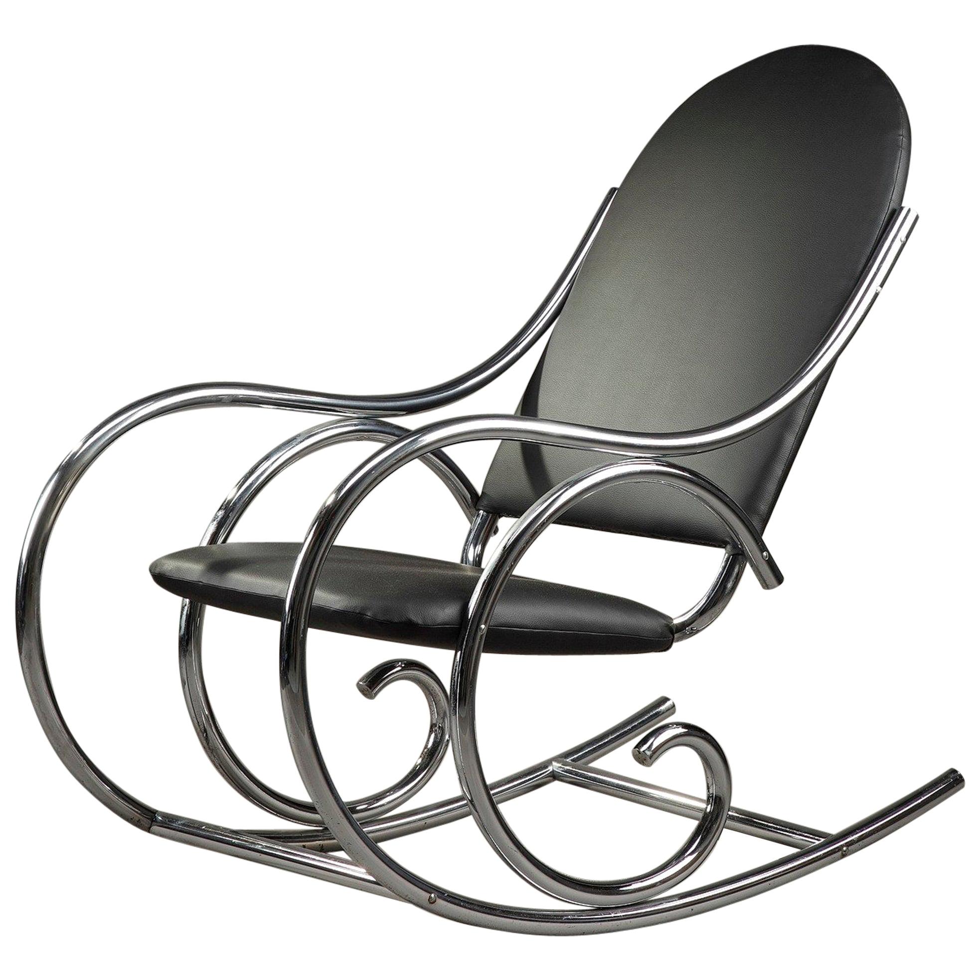 20th Century Chrome and Leatherette Rocking Chair in Thonet Style