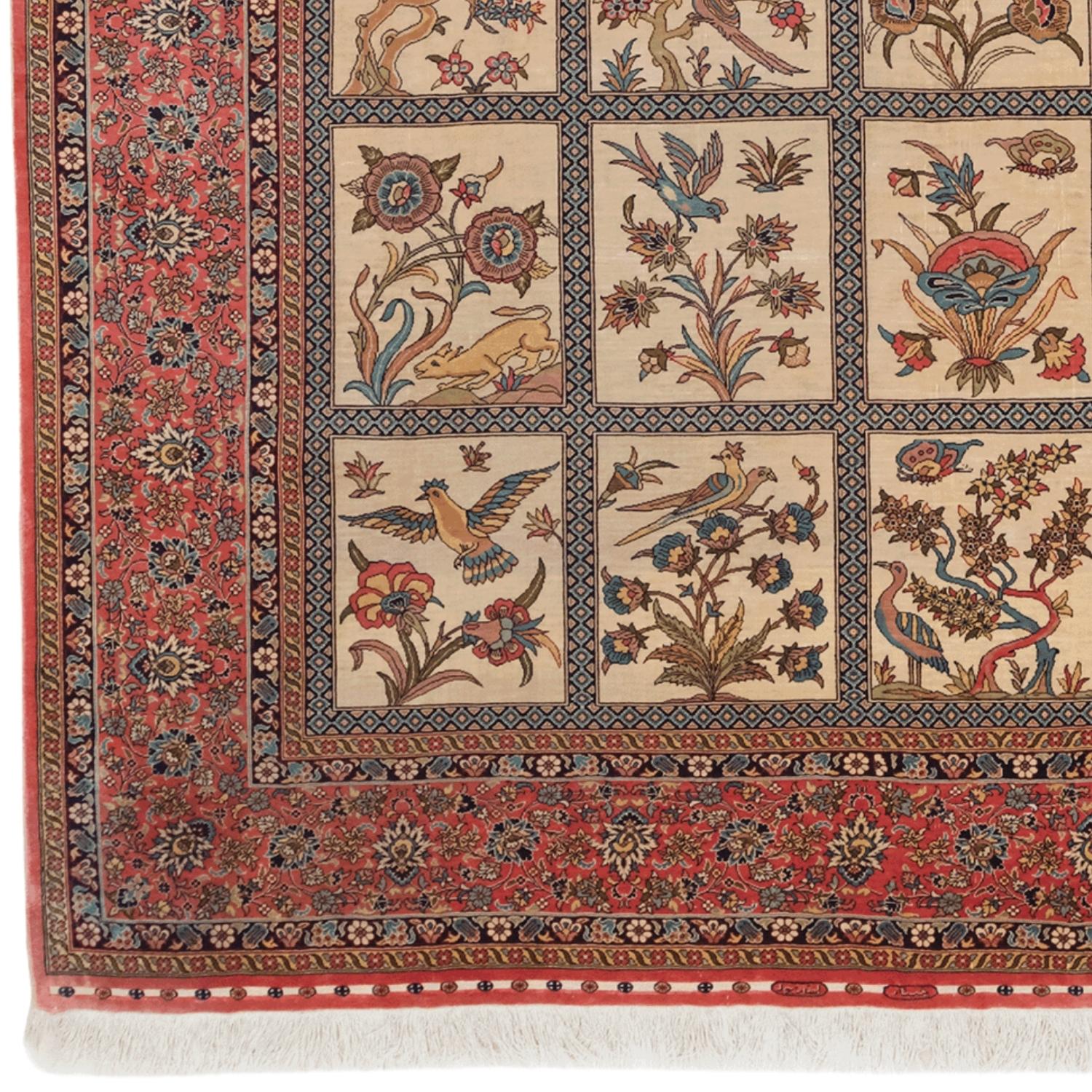 An exquisite signed silk rug from the esteemed Çınar Atelier of Kayseri, masterfully woven with breathtaking precision and elegance. The garden panel design—with each compartment portraying stylized birds, trees, and mythical florals—invokes the