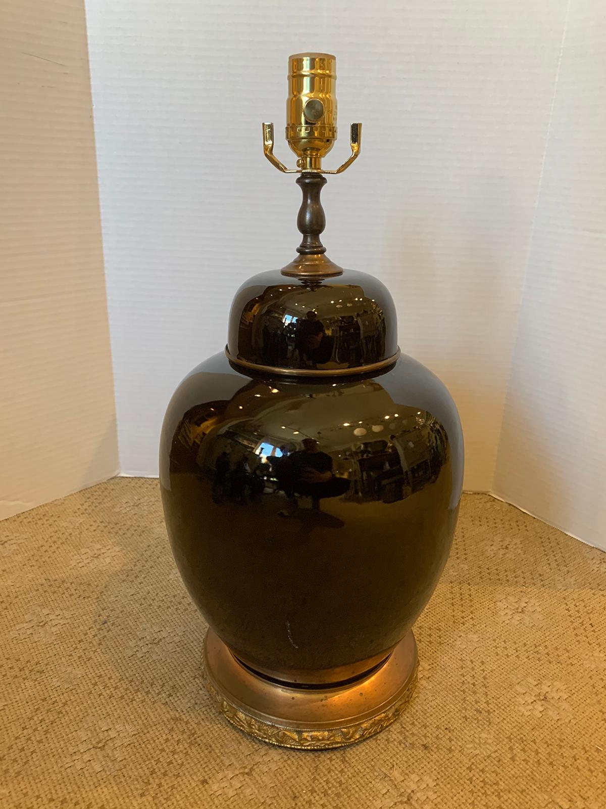 20th century circa 1930s Chinese black mirror porcelain ginger jar as lamp on bronze base
New wiring.