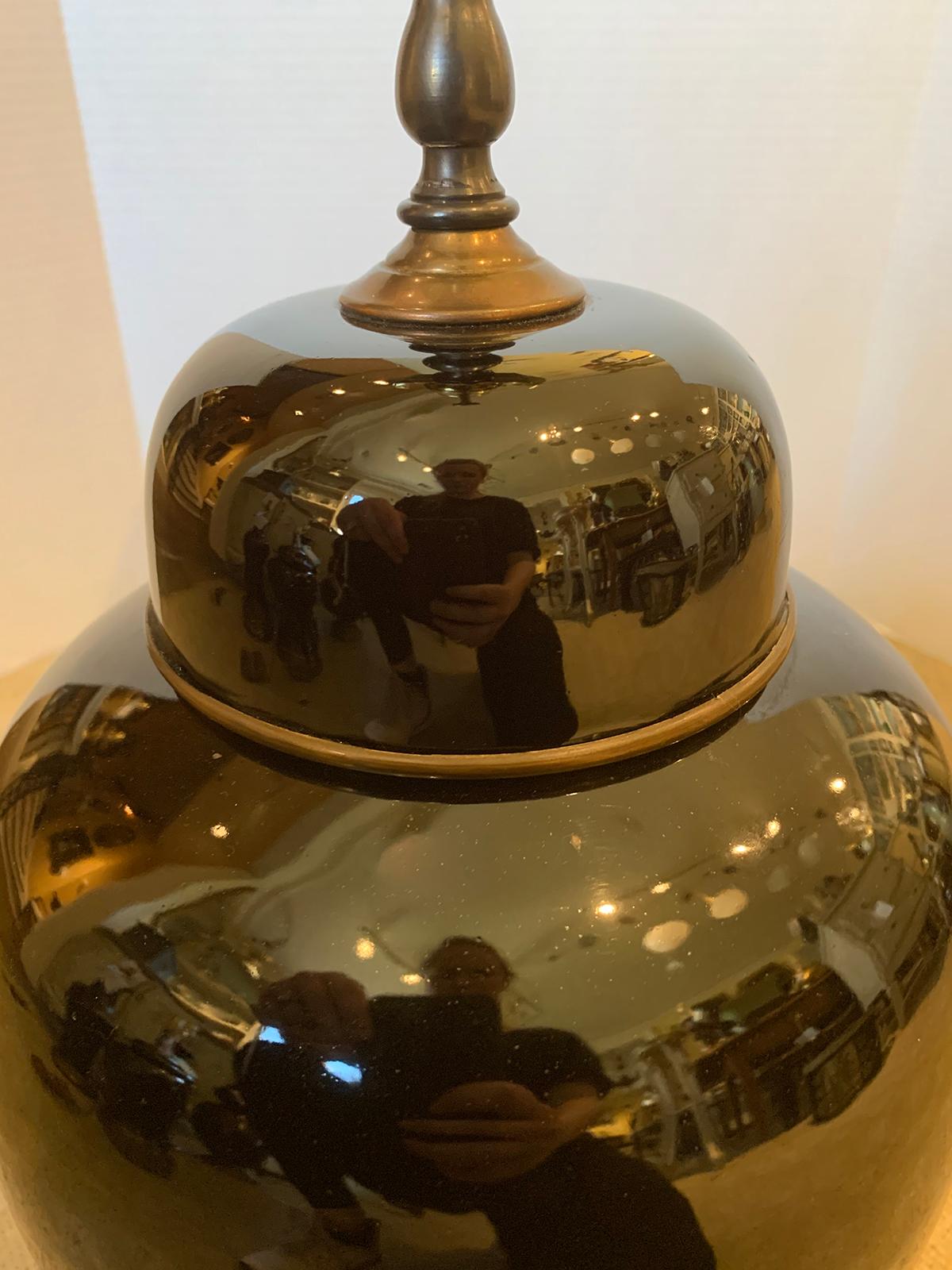 20th Century circa 1930s Chinese Black Mirror Porcelain Ginger Jar as Lamp For Sale 2