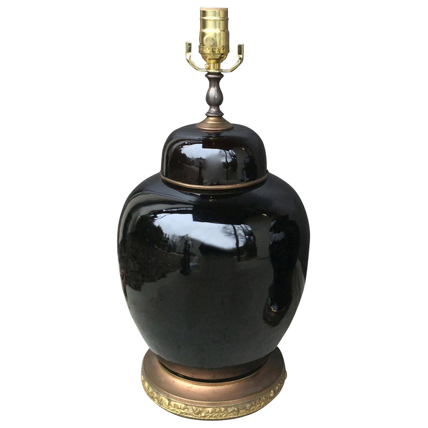 20th Century circa 1930s Chinese Black Mirror Porcelain Ginger Jar as Lamp For Sale