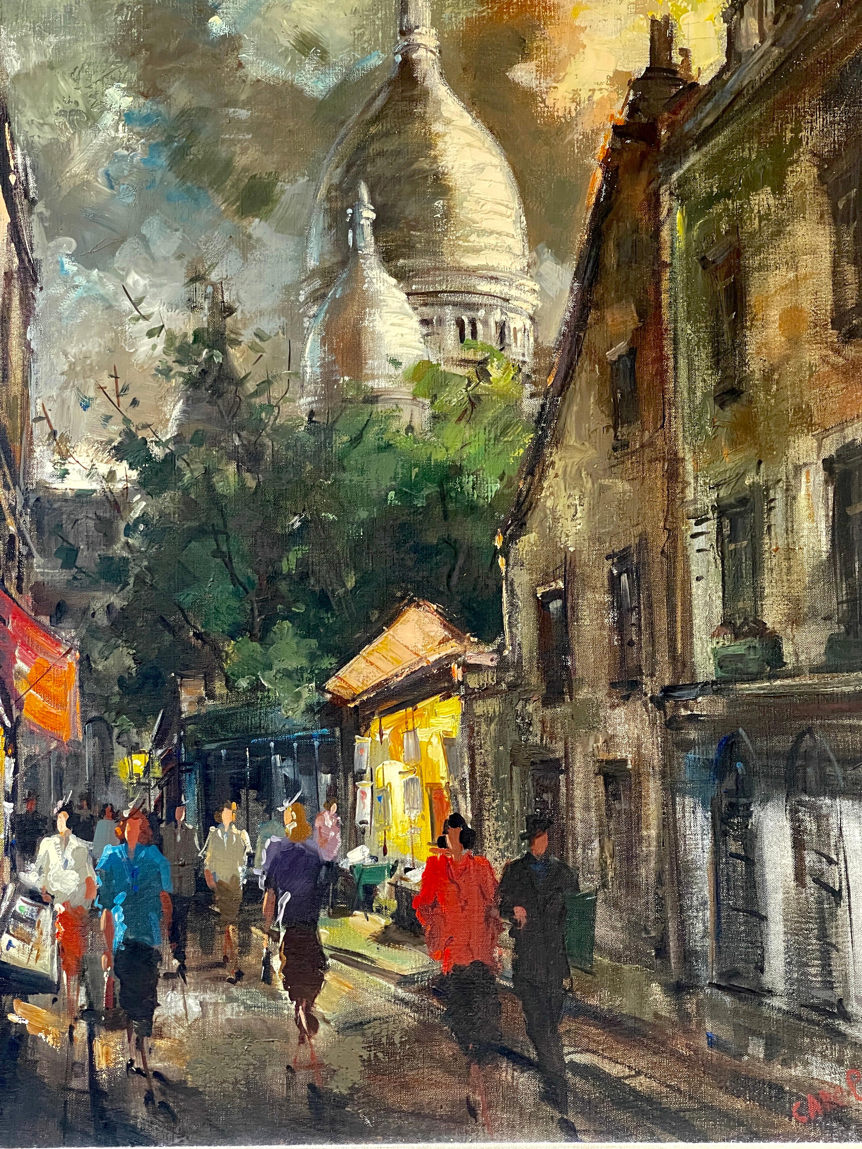 Am 20. Jahrhundert. Stadtbild Paris bei Nacht in Montmartre, Öl auf Leinwand, signiert (Postmoderne) im Angebot