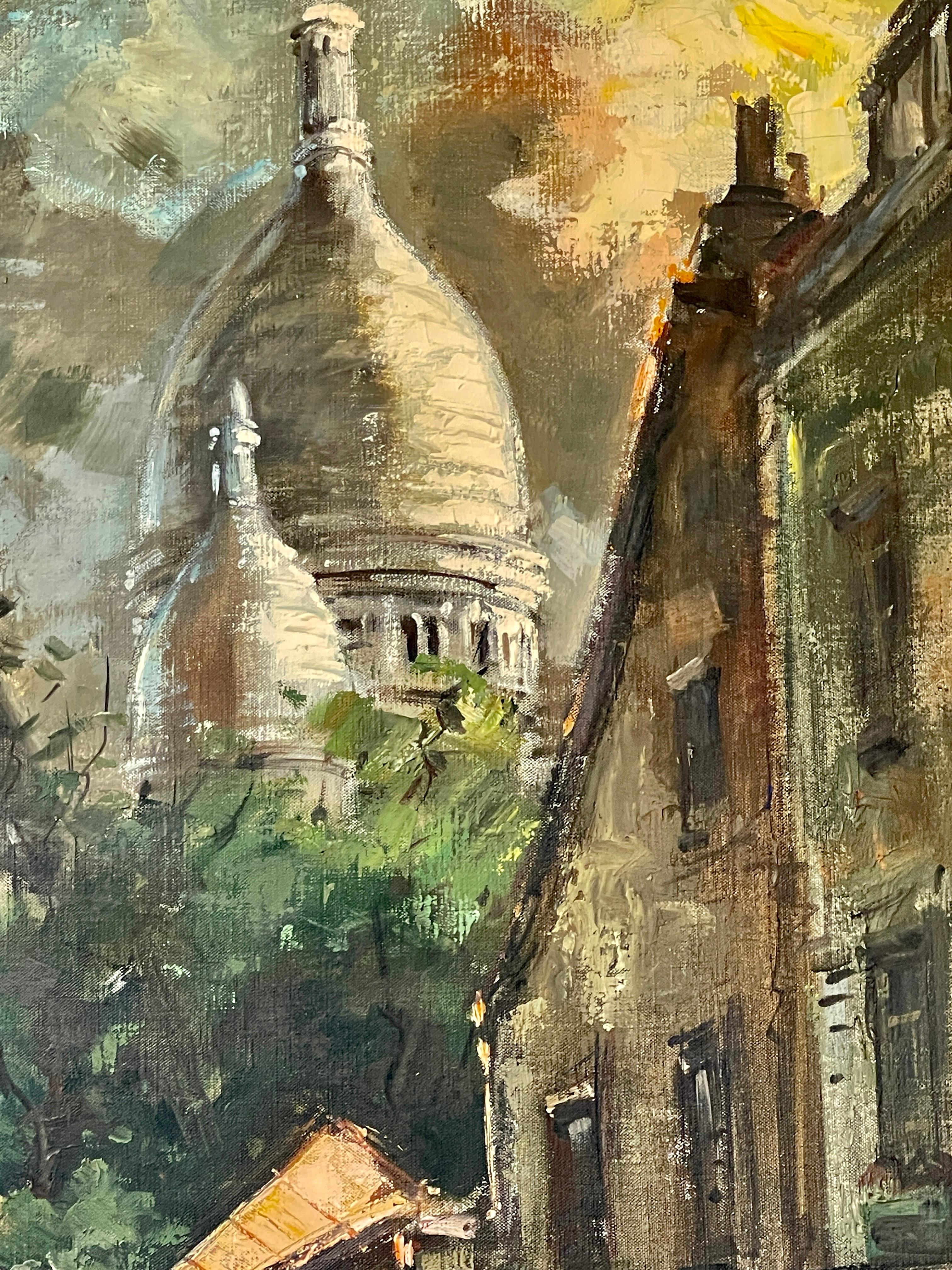 Am 20. Jahrhundert. Stadtbild Paris bei Nacht in Montmartre, Öl auf Leinwand, signiert (Französisch) im Angebot