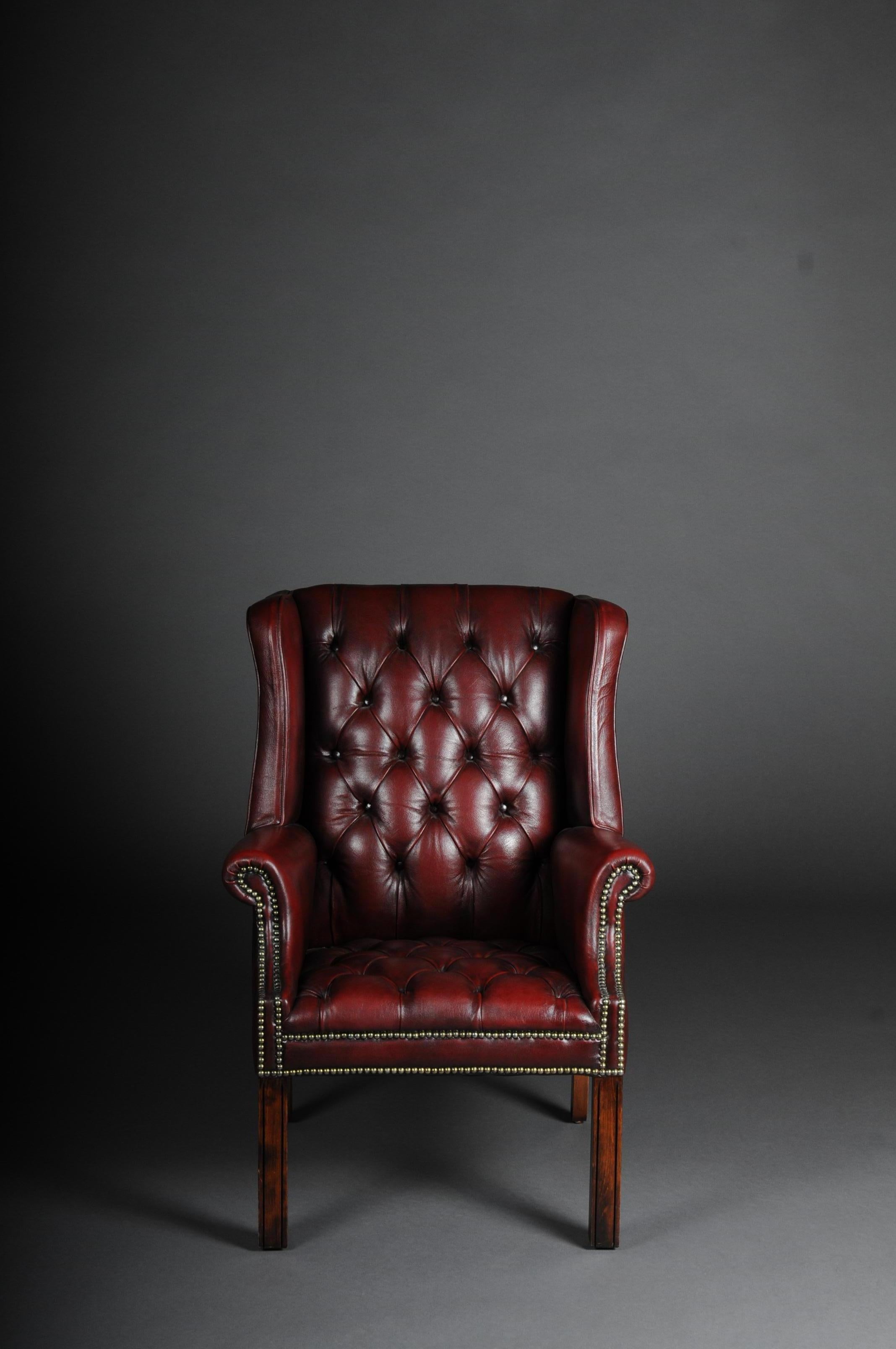 British 20th Century Classic English Chesterfield Earsback Chair, Leather For Sale