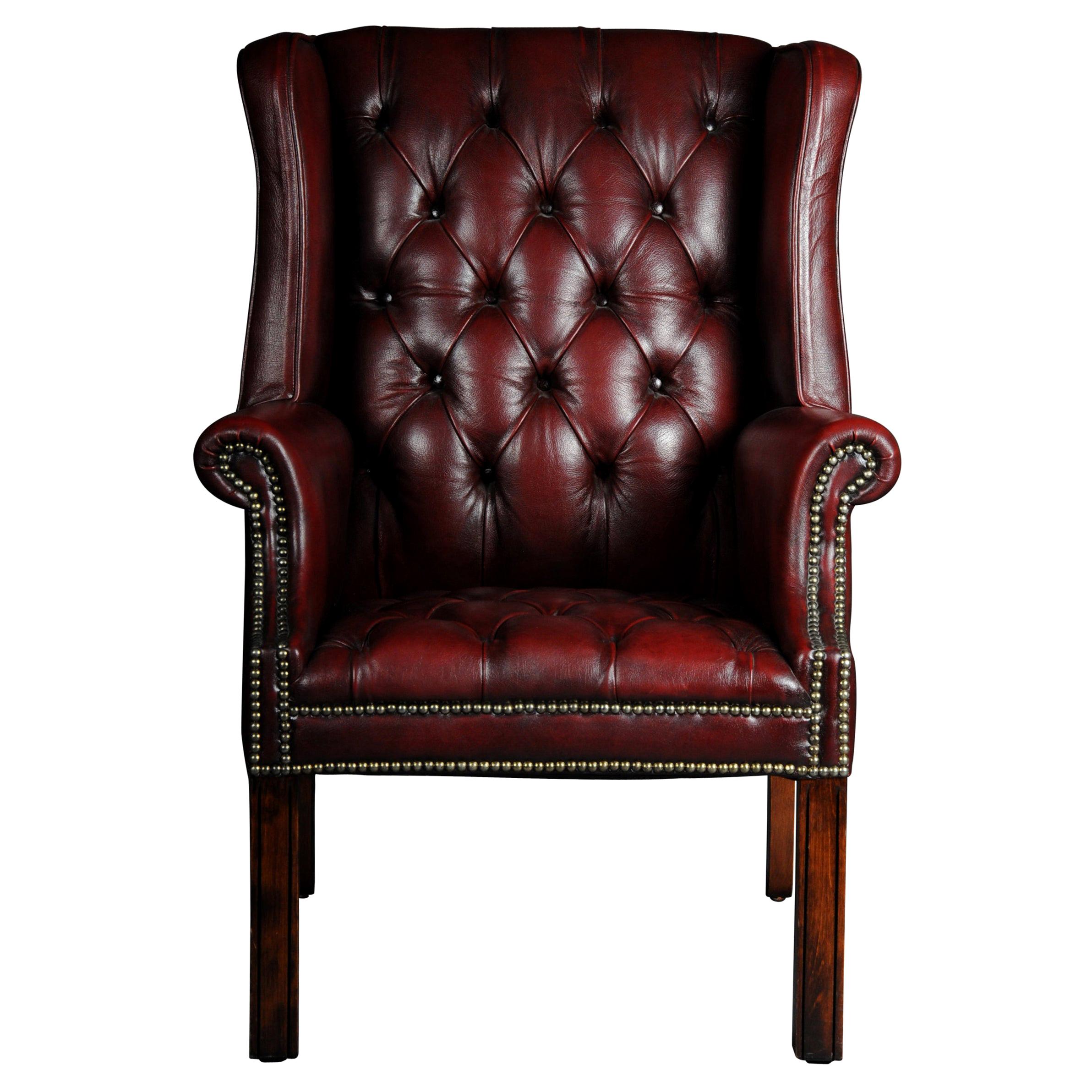 20th Century Classic English Chesterfield Earsback Chair, Leather For Sale