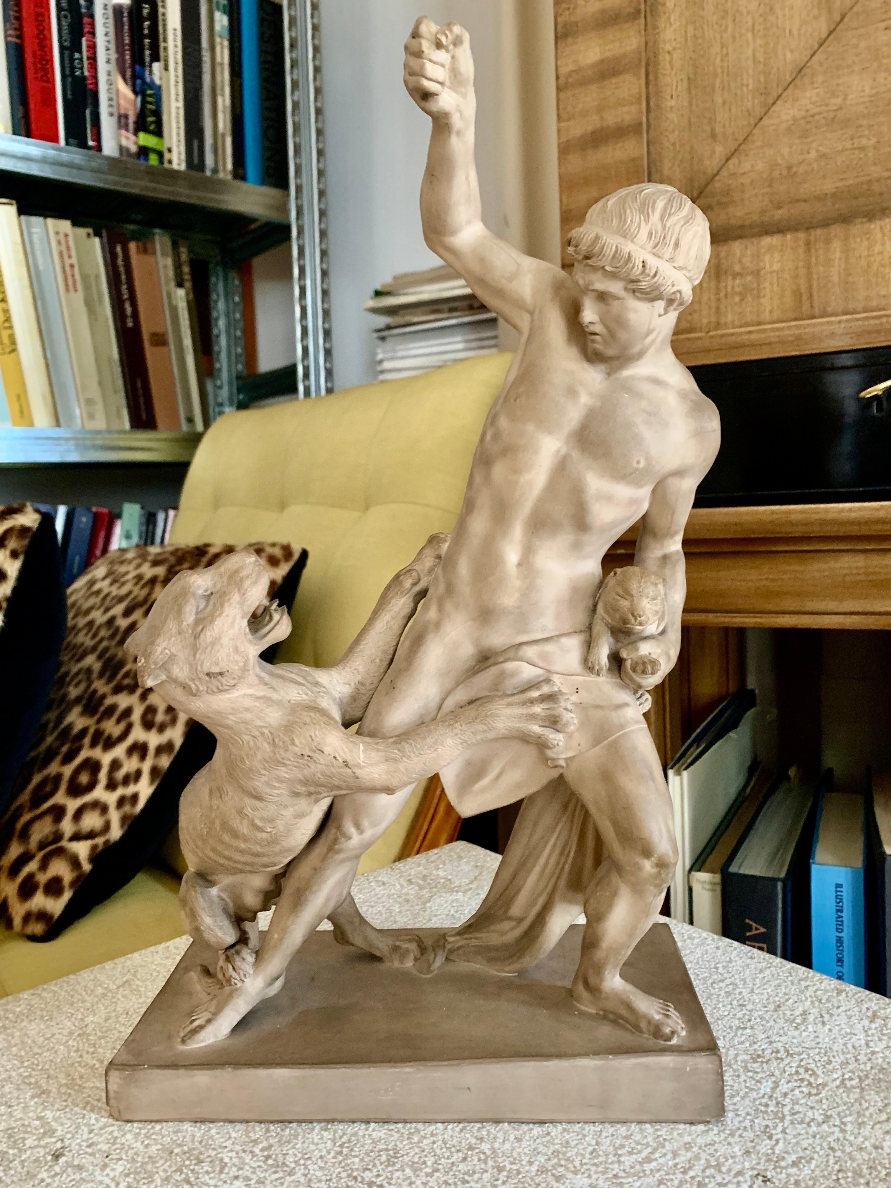 20th Century Classic Terracotta Sculpture Young Man Fighting with Lion  7