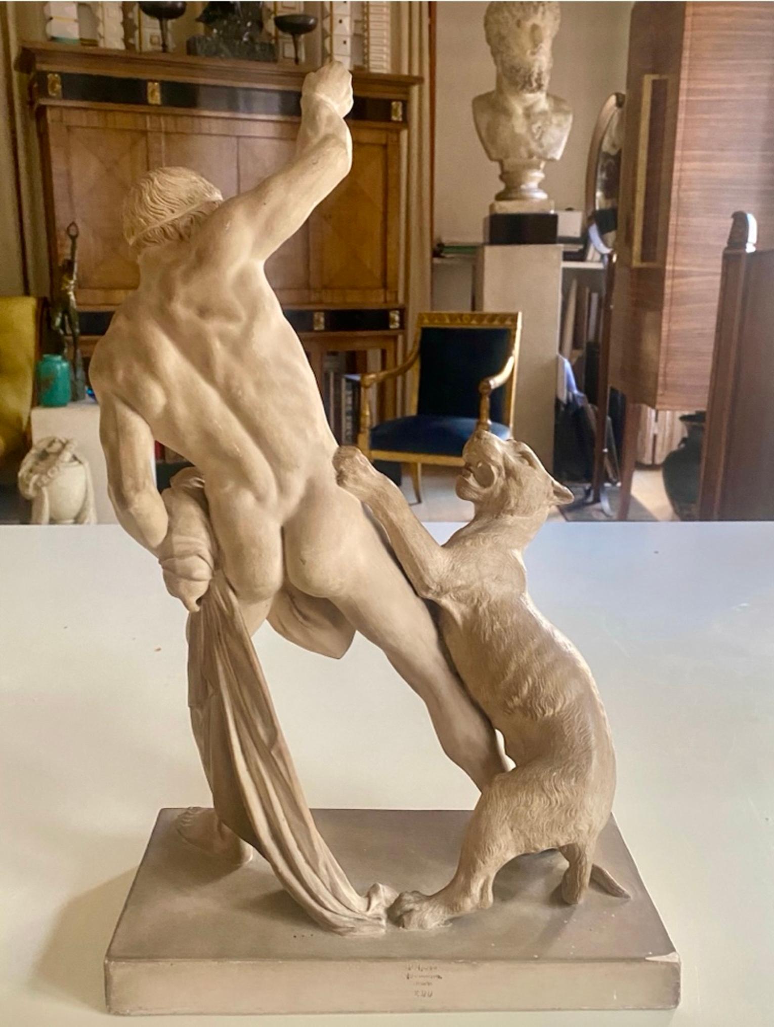 Klassische Terrakotta-Skulptur des 20. Jahrhunderts Junger Mann im Kampf mit Löwe  (Neoklassisches Revival) im Angebot