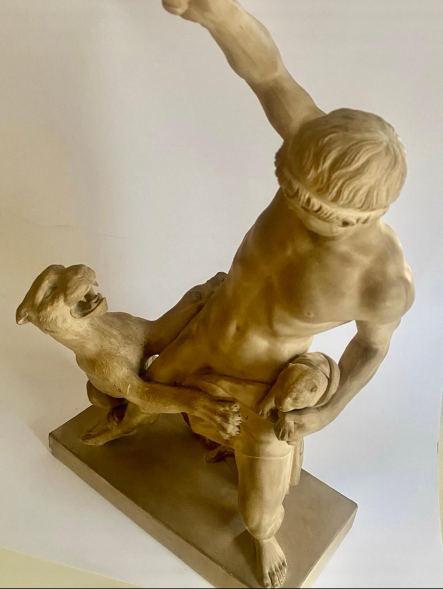 Danish 20th Century Classic Terracotta Sculpture Young Man Fighting with Lion 