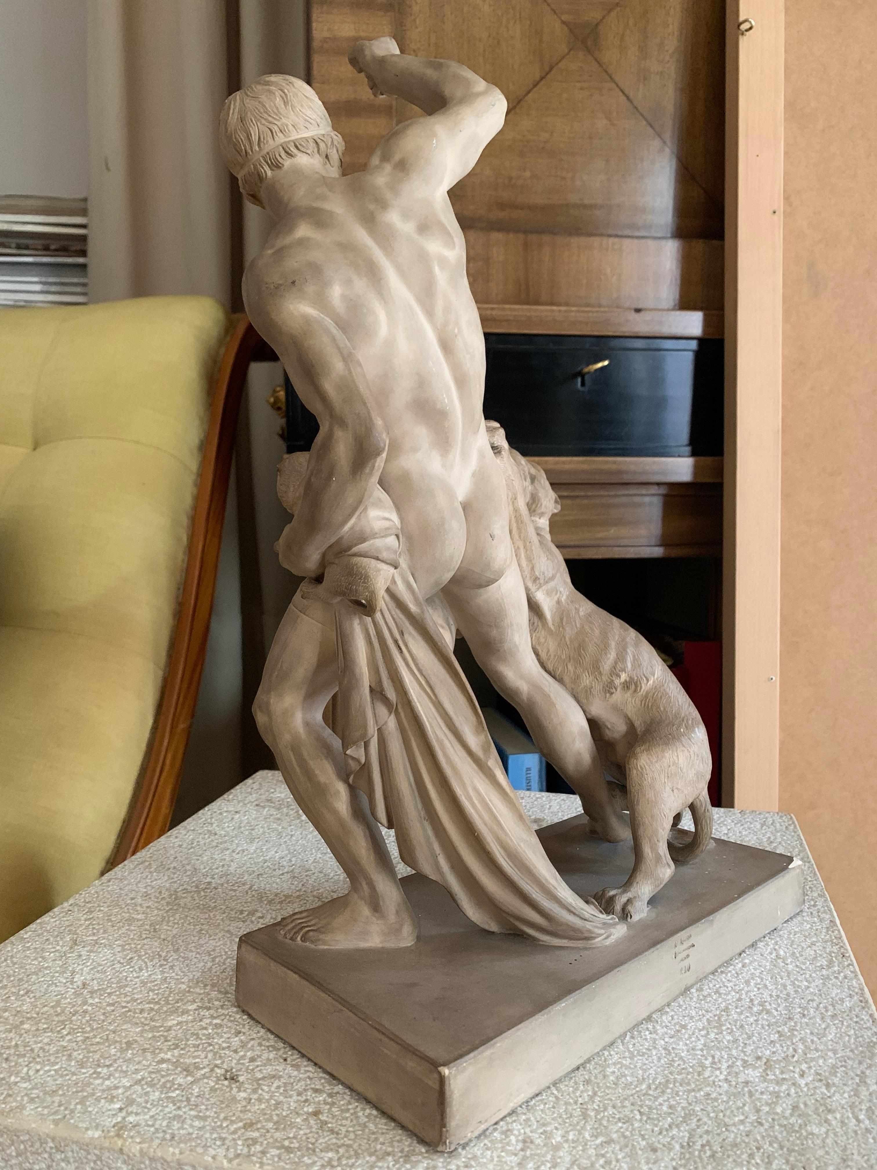 20ième siècle 20e siècle Sculpture classique en terre cuite Jeune homme se battant avec un lion  en vente