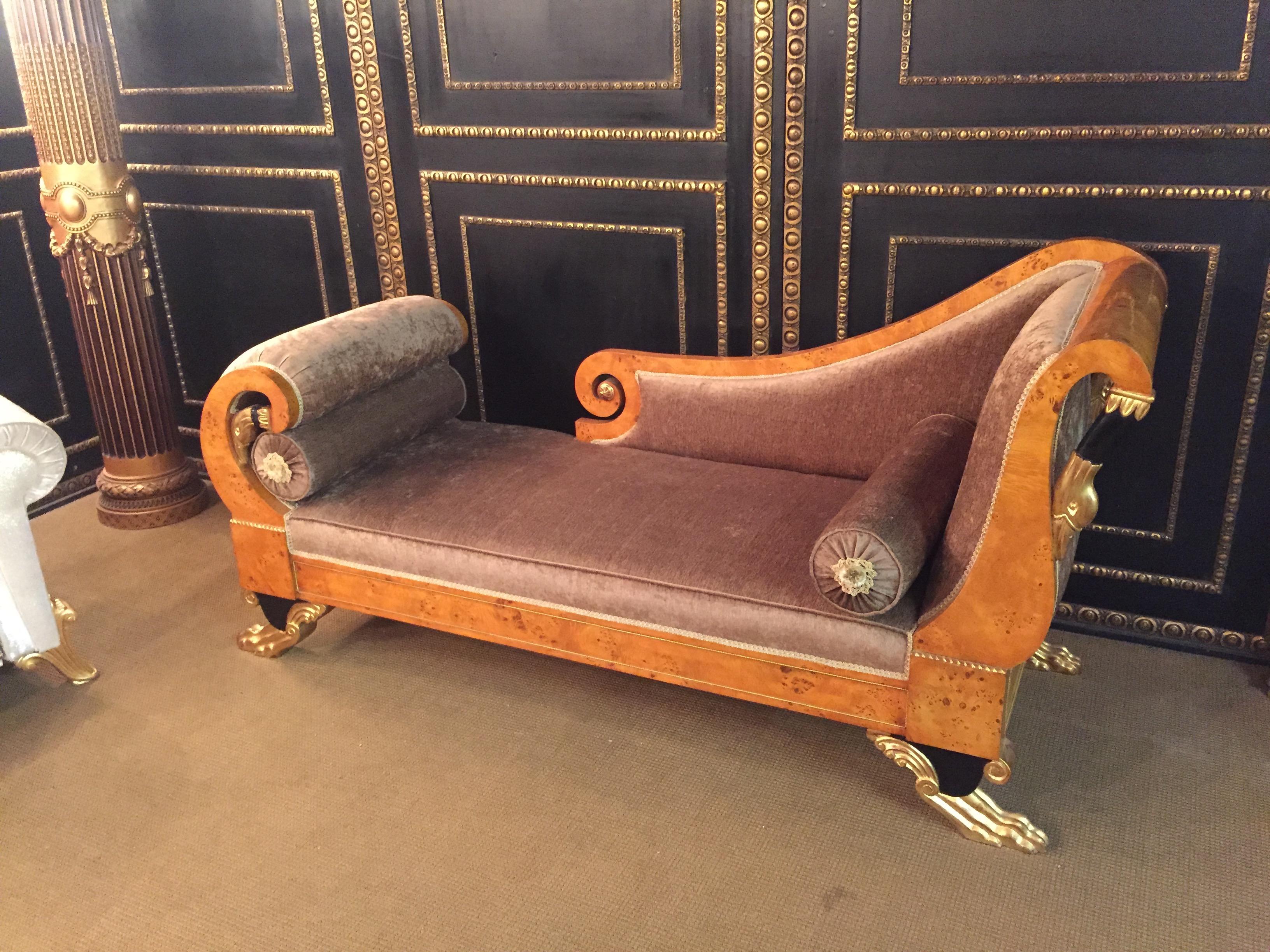 German 20th Century Antique Classizim Style Empire Swan Chaise Lounge Birdseye Maple For Sale