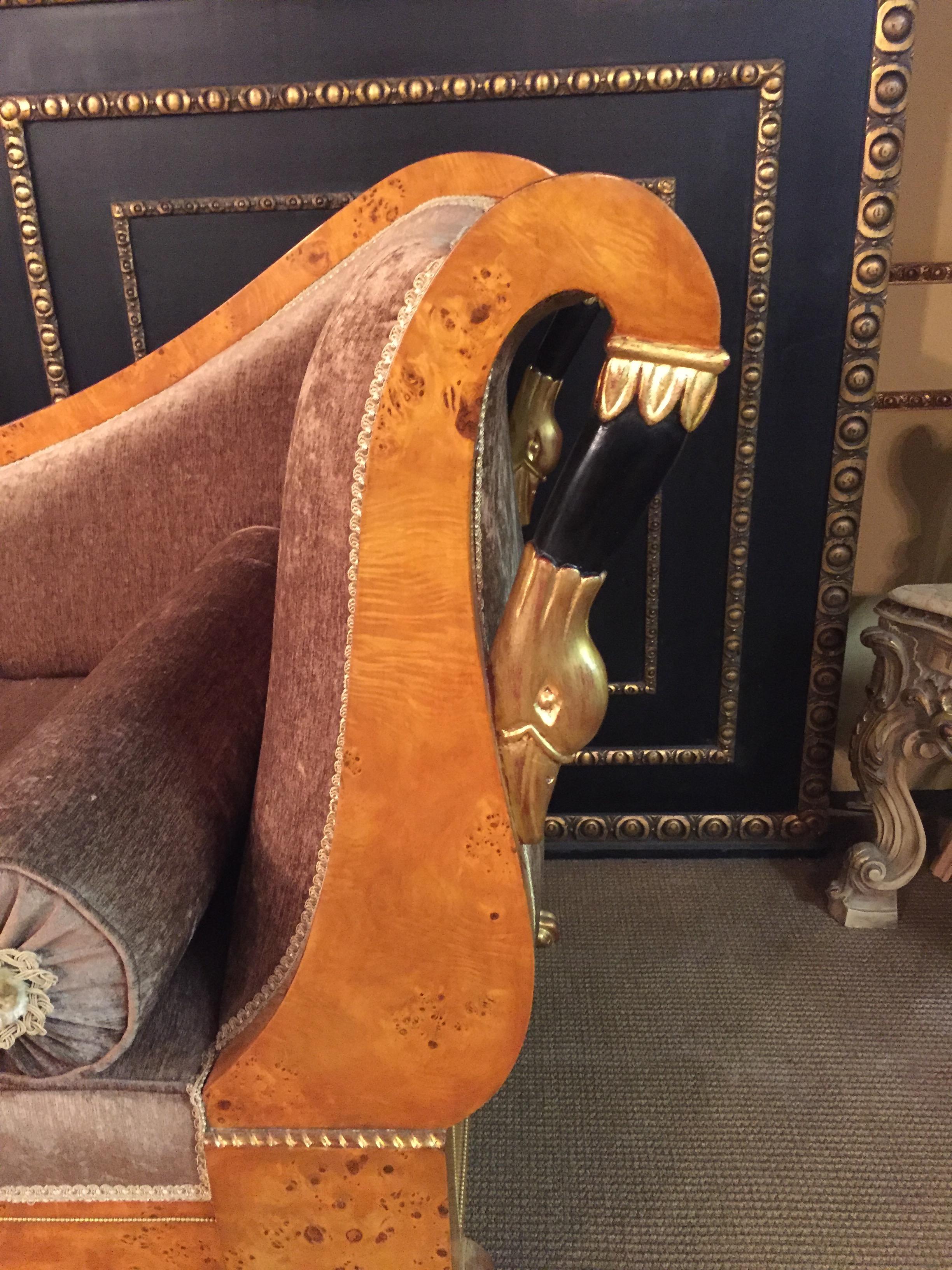 Veneer 20th Century Antique Classizim Style Empire Swan Chaise Lounge Birdseye Maple For Sale